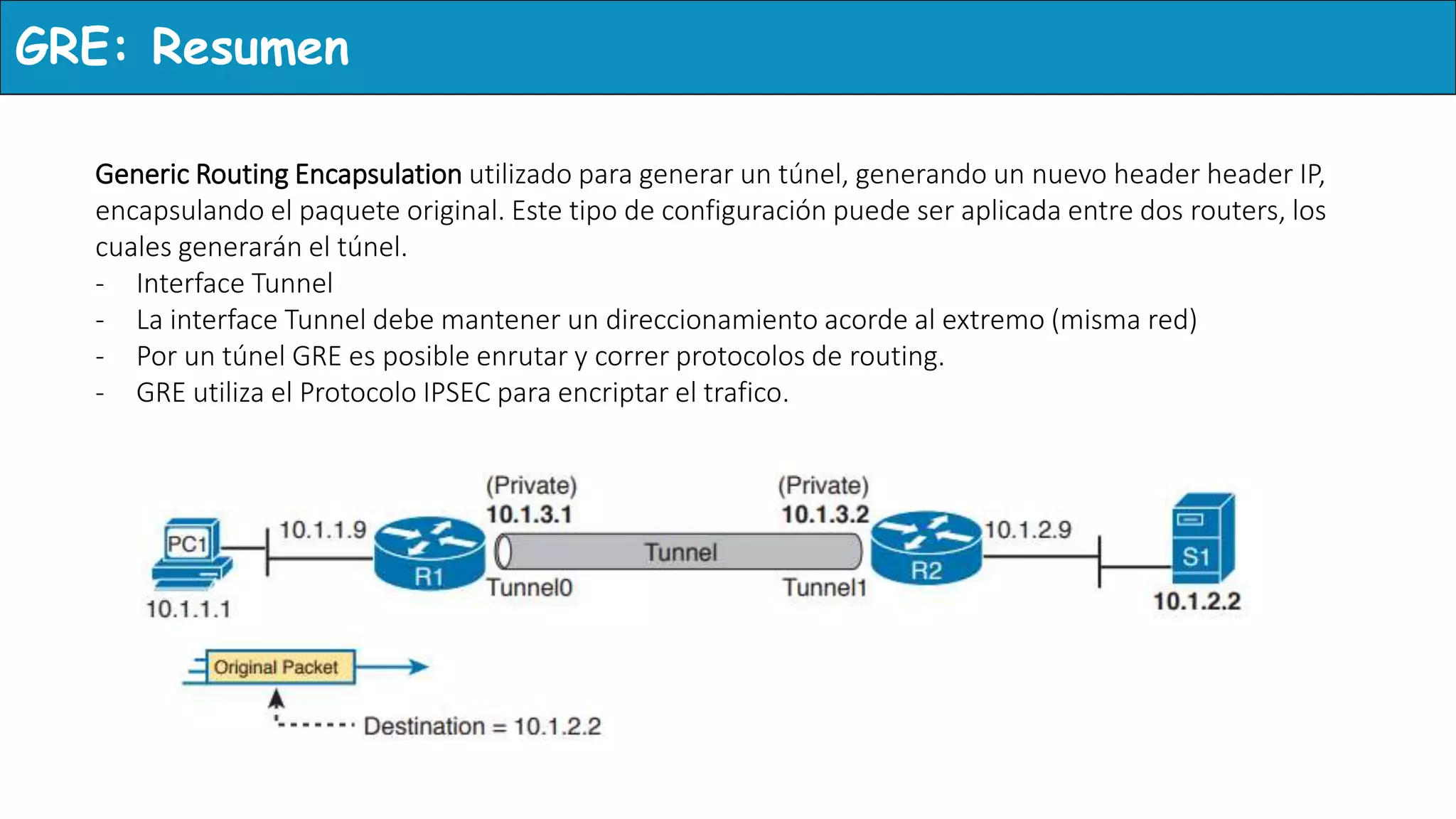 Generic Routing Encapsulation utilizado para generar un túnel, generando un nuevo header header IP,
encapsulando el paquete original. Este tipo de configuración puede ser aplicada entre dos routers, los
cuales generarán el túnel.
- Interface Tunnel
- La interface Tunnel debe mantener un direccionamiento acorde al extremo (misma red)
- Por un túnel GRE es posible enrutar y correr protocolos de routing.
- GRE utiliza el Protocolo IPSEC para encriptar el trafico.
GRE: Resumen
 