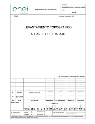 Engineering & Construction
EGP CODE
GRE.EEC.S.25.CO.X.00000.00.004.00
PAGE
1 di/of 8
TITLE: AVAILABLE LANGUAGE: ESP
File: Levantamiento Topográfico Alcance de trabajo
REV. DATE DESCRIPTION PREPARED by COLLABORATORS VERIFIED by VALIDATED by
PROJECT / PLANT
EGP CODE
GROUP FUNCION TYPE ISSUER COUNTRY TEC PLANT SYSTEM PROGRESSIVE REVISION
GRE EEC
CLASSIFICATION
PUBLIC
COMPANY
CONFIDENTIAL
RESTRICTED
UTILIZATION SCOPE
This document is property of Enel Green Power S.p.A. It is strictly forbidden to reproduce this document, in whole or in part, and to provide to others any related information
without the previous written consent by Enel Green Power S.p.A.
LEVANTAMIENTO TOPOGRAFICO
ALCANCE DEL TRABAJO
01 10/12/2018 Updated chapter 3
M. DE MARTINO V.RUIZ G. FRARACCIO F.MONTANARI
00 05/12/2017 Issued
M. DE MARTINO X.ARBURO G. FRARACCIO F. BONEMAZZI
S 2 5 C O X 0 0 0 0 0 0 0 0 0 4 0 0
Basic Design, Detailed Design, Issue
for Construction, etc.
 