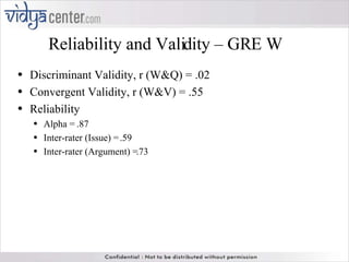 Reliability and Validity – GRE W  Discriminant Validity, r (W&Q) = .02 Convergent Validity, r (W&V) = .55  Reliability Alpha = .87 Inter-rater (Issue) = .59 Inter-rater (Argument) =.73 