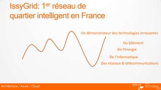 IssyGrid: 1er réseau de
      quartier intelligent en France

                               Un démonstrateur des technologies innovantes

                                                       Du bâtiment
                                                   De l’énergie
                                               De l’informatique
                                          Des réseaux & télécommunications




Architecture / Azure / Cloud
 