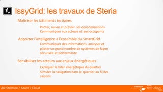 IssyGrid: les travaux de Steria
           Maîtriser les bâtiments tertiaires
                           Piloter, suivre et prévoir les consommations
                           Communiquer aux acteurs et aux occupants

            Apporter l’intelligence à l’ensemble du SmartGrid
                           Communiquer des informations, analyser et
                           piloter un grand nombre de systèmes de façon
                           sécurisée et performante

           Sensibiliser les acteurs aux enjeux énergétiques
                               Expliquer le bilan énergétique du quartier
                               Simuler la navigation dans le quartier au fil des
                               saisons


Architecture / Azure / Cloud
 