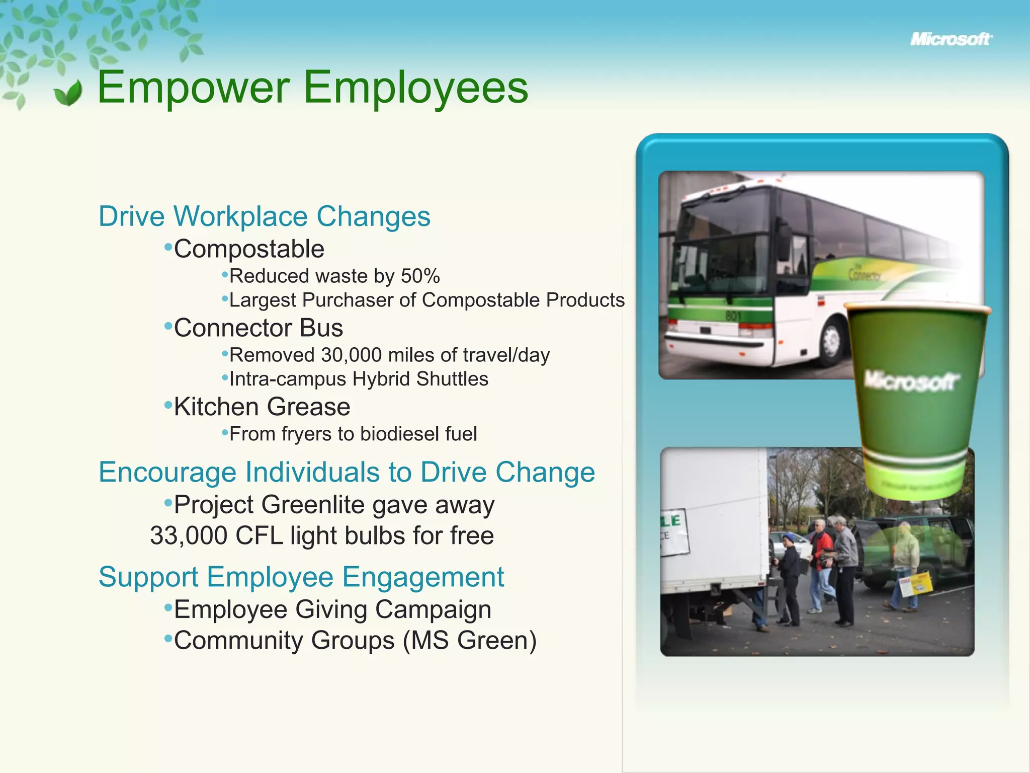 Empower Employees Drive Workplace Changes Compostable Reduced waste by 50% Largest Purchaser of Compostable Products Connector Bus  Removed 30,000 miles of travel/day Intra-campus Hybrid Shuttles Kitchen Grease From fryers to biodiesel fuel Encourage Individuals to Drive Change  Project Greenlite gave away  33,000 CFL light bulbs for free Support Employee Engagement  Employee Giving Campaign  Community Groups (MS Green) 