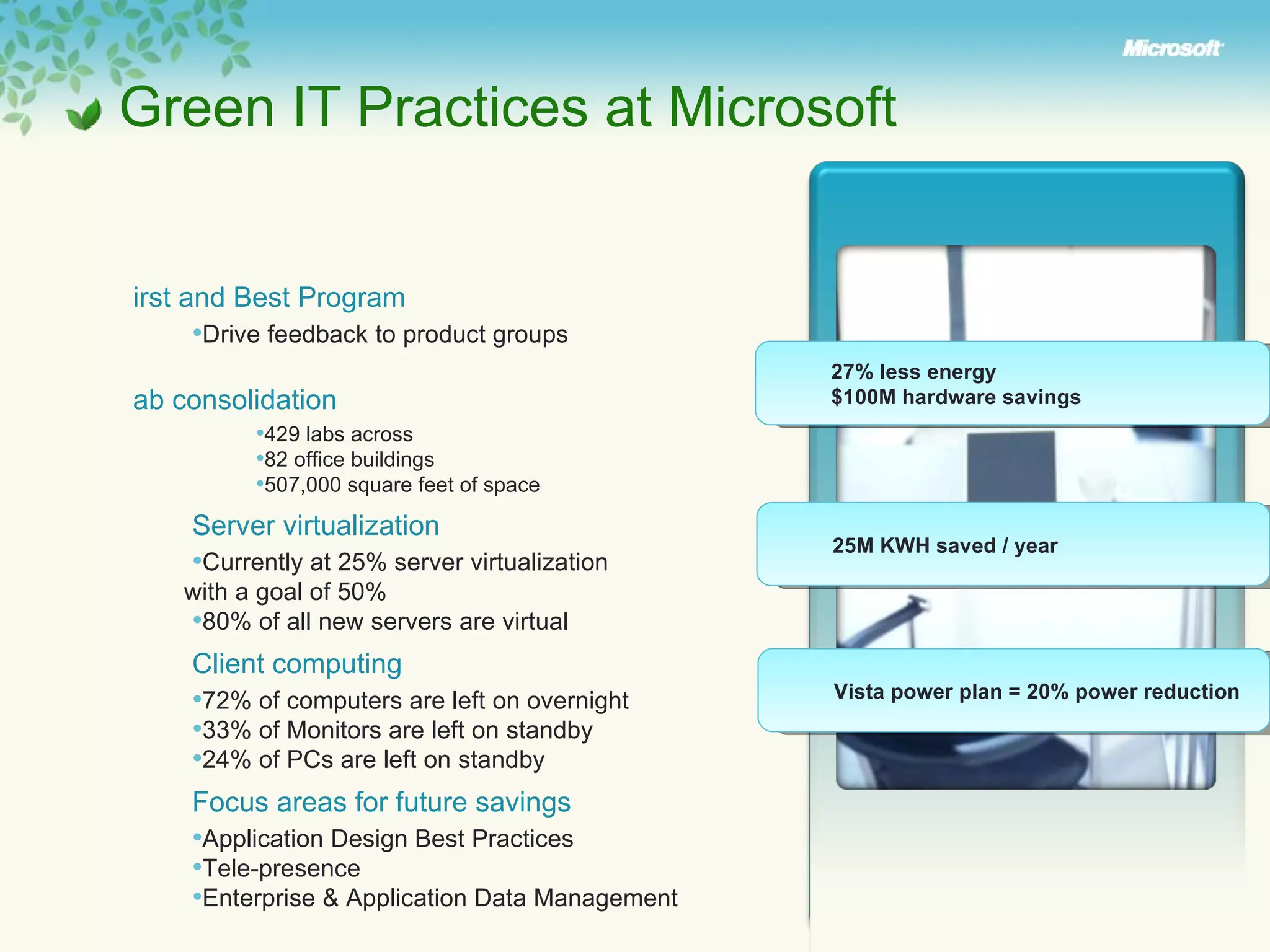 Green IT Practices at Microsoft  First and Best Program  Drive feedback to product groups Lab consolidation  429 labs across  82 office buildings 507,000 square feet of space Server virtualization  Currently at 25% server virtualization  with a goal of 50% 80% of all new servers are virtual  Client computing 72% of computers are left on overnight 33% of Monitors are left on standby 24% of PCs are left on standby Focus areas for future savings Application Design Best Practices Tele-presence Enterprise & Application Data Management 27% less energy $100M hardware savings 25M KWH saved / year  Vista power plan = 20% power reduction 