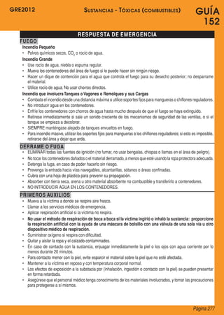 GRE2012                                  S ustancias - T óxicas ( combustibles )                             GUÍA
                                                                                                              152
                                     RESPUESTA DE EMERGENCIA
  FUEGO
   Incendio Pequeño
   •	 Polvos químicos secos, CO2 o rocío de agua.
   Incendio Grande
   •	 Use rocío de agua, niebla o espuma regular.
   •	 Mueva los contenedores del área de fuego si lo puede hacer sin ningún riesgo.
   •	 Hacer un dique de contención para el agua que controla el fuego para su desecho posterior; no desparrame
      el material.
   •	 Utilice rocío de agua. No usar chorros directos.
   Incendio que involucra Tanques o Vagones o Remolques y sus Cargas
   •	 Combata el incendio desde una distancia máxima o utilice soportes fijos para mangueras o chiflones reguladores.
   •	 No introducir agua en los contenedores.
   •	 Enfríe los contenedores con chorros de agua hasta mucho después de que el fuego se haya extinguido.
   •	 Retírese inmediatamente si sale un sonido creciente de los mecanismos de seguridad de las ventilas, o si el
      tanque se empieza a decolorar.
   •	 SIEMPRE manténgase alejado de tanques envueltos en fuego.
   •	 Para incendio masivo, utilizar los soportes fijos para mangueras o los chiflones reguladores; si esto es imposible,
      retirarse del área y dejar que arda.
  DERRAME O FUGA
   •	   ELIMINAR todas las fuentes de ignición (no fumar, no usar bengalas, chispas o llamas en el área de peligro).
   •	   No tocar los contenedores dañados o el material derramado, a menos que esté usando la ropa protectora adecuada.
   •	   Detenga la fuga, en caso de poder hacerlo sin riesgo.
   •	   Prevenga la entrada hacia vías navegables, alcantarillas, sótanos o áreas confinadas.
   •	   Cubra con una hoja de plástico para prevenir su propagación.
   •	   Absorber con tierra seca, arena u otro material absorbente no combustible y transferirlo a contenedores.
   •	   NO INTRODUCIR AGUA EN LOS CONTENEDORES.
  PRIMEROS AUXILIOS
   •	   Mueva a la víctima a donde se respire aire fresco.
   •	   Llamar a los servicios médicos de emergencia.
   •	   Aplicar respiración artificial si la víctima no respira.
   •	   No usar el método de respiración de boca a boca si la víctima ingirió o inhaló la sustancia: proporcione
        la respiración artificial con la ayuda de una máscara de bolsillo con una válvula de una sola vía u otro
        dispositivo médico de respiración.
   •	   Suministrar oxígeno si respira con dificultad.
   •	   Quitar y aislar la ropa y el calzado contaminados.
   •	   En caso de contacto con la sustancia, enjuagar inmediatamente la piel o los ojos con agua corriente por lo
        menos durante 20 minutos.
   •	   Para contacto menor con la piel, evite esparcir el material sobre la piel que no esté afectada.
   •	   Mantener a la víctima en reposo y con temperatura corporal normal.
   •	   Los efectos de exposición a la substacia por (inhalación, ingestión o contacto con la piel) se pueden presentar
        en forma retardada.
   •	   Asegúrese que el personal médico tenga conocimiento de los materiales involucrados, y tomar las precauciones
        para protegerse a sí mismos.




                                                                                                            Página 277
 