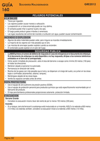 GUÍA                 S olventes H alogenados                                                                GRE2012

160
                                       PELIGROS POTENCIALES
A LA SALUD
 •	   Tóxico por ingestión.
 •	   Los vapores pueden causar mareos o sofocación.
 •	   La exposición en un área encerrada puede ser muy dañina.
 •	   El contacto puede irritar o quemar la piel y los ojos.
 •	   El fuego puede producir gases irritantes o venenosos.
 •	   Las fugas resultantes del control del incendio o la dilución con agua, pueden causar contaminación.
INCENDIO O EXPLOSION
 •	   Algunos de estos materiales pueden arder, pero ninguno se incendia inmediatamente.
 •	   La mayoría de los vapores son más pesados que el aire.
 •	   Las mezclas de aire/vapor pueden explotar cuando se encienden.
 •	   El contenedor puede explotar en el calor del fuego.
                                          SEGURIDAD PUBLICA
 •	 LLAMAR primero al número de teléfono de respuesta en caso de emergencia en el documento de embarque.
    Si el documento de embarque no está disponible o no hay respuesta, diríjase a los números telefónicos
    enlistados en el forro de la contraportada.
 •	 Cómo acción inmediata de precaución, aisle el área del derrame o escape como mínimo 50 metros (150 pies)
    en todas las direcciones.
 •	 Mantener alejado al personal no autorizado.
 •	 Permanezca en dirección del viento.
 •	 Muchos de los gases son más pesados que el aire y se dispersan a lo largo del suelo y se juntan en las áreas
    bajas o confinadas (alcantarillas, sótanos, tanques).
 •	 Mantengase alejado de las áreas bajas.
 •	 Ventile los espacios cerrados antes de entrar.
ROPA PROTECTORA
 •	 Use el equipo de aire autónomo de presión positiva (SCBA).
 •	 Use el equipo de protección personal para productos químicos que está específicamente recomendado por el
    fabricante del producto.
 •	 El traje para bomberos profesionales proporcionara solamente  protección limitada.
EVACUACION
 Derrame Grande
 •	 Considere la evacuación inicial a favor del viento de por lo menos 100 metros (330 pies).
 Incendio
 •	 Si un tanque, carro de ferrocarril o autotanque está involucrado en un incendio, AISLE a la redonda a 800 metros
    (1/2 milla) a la redonda; también, considere la evacuacion inicial a la redonda a 800 metros (1/2 milla).




Página 292
 