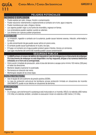 GRE2012
Página 194
GUÍA
111
PELIGROS POTENCIALES
INCENDIO O EXPLOSION
•	 Puede explotar por calor, choque, fricción o contaminación.
•	 Puede reaccionar violentamente o explosivamente al contacto con el aire, agua o espuma.
•	 Puede incendiarse por calor, chispas o llamas.
•	 Los vapores pueden viajar a una fuente de encendido y regresar en llamas.
•	 Los contenedores pueden explotar cuando se calientan.
•	 Los cilindros con rupturas pueden proyectarse.
A LA SALUD
•	 La inhalación, ingestión o contacto con la sustancia, puede causar lesiones severas, infección, enfermedad o
la muerte.
•	 La alta concentración de gas puede causar asfixia sin previo aviso.
•	 El contacto puede causar quemaduras en la piel y los ojos.
•	 El fuego o el contacto con el agua pueden producir gases irritantes, tóxicos y/o corrosivos.
•	 Las fugas resultantes del control del incendio pueden causar contaminación.
SEGURIDAD PUBLICA
•	 LLAMARprimeroalnúmerodeteléfonoderespuestaencasodeemergenciaeneldocumentodeembarque.
Si el documento de embarque no está disponible o no hay respuesta, diríjase a los números telefónicos
enlistados en el forro de la contraportada.
•	 Cómo acción inmediata de precaución, aisle el área del derrame o escape como mínimo 100 metros (330 pies)
en todas las direcciones.
•	 Mantener alejado al personal no autorizado.
•	 Permanezca en dirección del viento.
•	 Mantengase alejado de las áreas bajas.
ROPA PROTECTORA
•	 Use el equipo de aire autónomo de presión positiva (SCBA).
•	 La ropa de protección estructural de bomberos provee protección limitada en situaciones de incendio
UNICAMENTE; puede no ser efectiva en situaciones de derrames.
EVACUACION
Incendio
•	 Si un tanque, carro de ferrocarril o autotanque está involucrado en un incendio, AISLE a la redonda a 800 metros
(1/2 milla) a la redonda; también, considere la evacuacion inicial a la redonda a 800 metros (1/2 milla).
Carga Mixta / Carga Sin Identificar
 