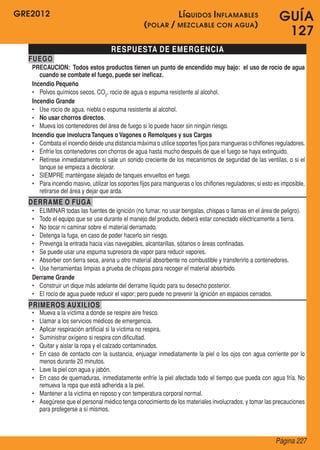 GRE2012
Página 227
GUÍA
127
RESPUESTA DE EMERGENCIA
FUEGO
PRECAUCION: Todos estos productos tienen un punto de encendido muy bajo: el uso de rocío de agua
cuando se combate el fuego, puede ser ineficaz.
Incendio Pequeño
•	 Polvos químicos secos, CO2
, rocío de agua o espuma resistente al alcohol.
Incendio Grande
•	 Use rocío de agua, niebla o espuma resistente al alcohol.
•	 No usar chorros directos.
•	 Mueva los contenedores del área de fuego si lo puede hacer sin ningún riesgo.
Incendio que involucraTanques o Vagones o Remolques y sus Cargas
•	 Combata el incendio desde una distancia máxima o utilice soportes fijos para mangueras o chiflones reguladores.
•	 Enfríe los contenedores con chorros de agua hasta mucho después de que el fuego se haya extinguido.
•	 Retírese inmediatamente si sale un sonido creciente de los mecanismos de seguridad de las ventilas, o si el
tanque se empieza a decolorar.
•	 SIEMPRE manténgase alejado de tanques envueltos en fuego.
•	 Para incendio masivo, utilizar los soportes fijos para mangueras o los chiflones reguladores;si esto es imposible,
retirarse del área y dejar que arda.
DERRAME O FUGA
•	 ELIMINAR todas las fuentes de ignición (no fumar, no usar bengalas, chispas o llamas en el área de peligro).
•	 Todo el equipo que se use durante el manejo del producto, deberá estar conectado eléctricamente a tierra.
•	 No tocar ni caminar sobre el material derramado.
•	 Detenga la fuga, en caso de poder hacerlo sin riesgo.
•	 Prevenga la entrada hacia vías navegables, alcantarillas, sótanos o áreas confinadas.
•	 Se puede usar una espuma supresora de vapor para reducir vapores.
•	 Absorber con tierra seca, arena u otro material absorbente no combustible y transferirlo a contenedores.
•	 Use herramientas limpias a prueba de chispas para recoger el material absorbido.
Derrame Grande
•	 Construir un dique más adelante del derrame líquido para su desecho posterior.
•	 El rocío de agua puede reducir el vapor; pero puede no prevenir la ignición en espacios cerrados.
PRIMEROS AUXILIOS
•	 Mueva a la víctima a donde se respire aire fresco.
•	 Llamar a los servicios médicos de emergencia.
•	 Aplicar respiración artificial si la víctima no respira.
•	 Suministrar oxígeno si respira con dificultad.
•	 Quitar y aislar la ropa y el calzado contaminados.
•	 En caso de contacto con la sustancia, enjuagar inmediatamente la piel o los ojos con agua corriente por lo
menos durante 20 minutos.
•	 Lave la piel con agua y jabón.
•	 En caso de quemaduras, inmediatamente enfríe la piel afectada todo el tiempo que pueda con agua fría. No
remueva la ropa que está adherida a la piel.
•	 Mantener a la víctima en reposo y con temperatura corporal normal.
•	 Asegúrese que el personal médico tenga conocimiento de los materiales involucrados, y tomar las precauciones
para protegerse a sí mismos.
Líquidos Inflamables
(polar / mezclable con agua)
 