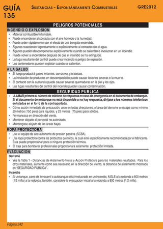 GRE2012
Página 242
GUÍA
135
PELIGROS POTENCIALES
INCENDIO O EXPLOSION
•	 Material combustible/inflamable.
•	 Puede encenderse al contacto con el aire húmedo o la humedad.
•	 Puede arder rápidamente con el efecto de una bengala encendida.
•	 Algunos reaccionan vigorosamente o explosivamente al contacto con el agua.
•	 Algunos pueden descomponerse explosivamente cuando se calientan o involucran en un incendio.
•	 Puede volver a encenderse después de que el incendio se ha extinguido.
•	 La fuga resultante del control puede crear incendio o peligro de explosión.
•	 Los contenedores pueden explotar cuando se calientan.
A LA SALUD
•	 El fuego producirá gases irritantes, corrosivos y/o tóxicos.
•	 La inhalación de productos en descomposición puede causar lesiones severas o la muerte.
•	 El contacto con la sustancia puede causar severas quemaduras en la piel y los ojos.
•	 Las fugas resultantes del control del incendio pueden causar contaminación.
SEGURIDAD PUBLICA
•	 LLAMARprimeroalnúmerodeteléfonoderespuestaencasodeemergenciaeneldocumentodeembarque.
Si el documento de embarque no está disponible o no hay respuesta, diríjase a los números telefónicos
enlistados en el forro de la contraportada.
•	 Cómo acción inmediata de precaución, aisle en todas direcciones, el área del derrame o escape como mínimo
50 metros (150 pies) para líquidos, y 25 metros  (75 pies) para sólidos.
•	 Permanezca en dirección del viento.
•	 Mantener alejado al personal no autorizado.
•	 Mantengase alejado de las áreas bajas.
ROPA PROTECTORA
•	 Use el equipo de aire autónomo de presión positiva (SCBA).
•	 Use ropa protectora contra los productos químicos, la cual esté especificamente recomendada por el fabricante.  
Esta puede proporcionar poca o ninguna protección térmica.
•	 El traje para bomberos profesionales proporcionara solamente  protección limitada.
EVACUACION
Derrame
•	 Vea la Tabla 1 - Distancias de Aislamiento Inicial y Acción Protectora para los materiales resaltados.  Para los
otros materiales, aumente como sea necesario en la dirección del viento, la distancia de aislamiento mostrada
en “SEGURIDAD PUBLICA”.
Incendio
•	 Si un tanque, carro de ferrocarril o autotanque está involucrado en un incendio, AISLE a la redonda a 800 metros
(1/2 milla) a la redonda; también, considere la evacuacion inicial a la redonda a 800 metros (1/2 milla).
Sustancias - Espontáneamente Combustibles
 