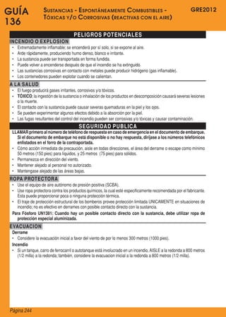 GRE2012
Página 244
GUÍA
136
PELIGROS POTENCIALES
INCENDIO O EXPLOSION
•	 Extremadamente inflamable; se encenderá por sí solo, si se expone al aire.
•	 Arde rápidamente, produciendo humo denso, blanco e irritante.
•	 La sustancia puede ser transportada en forma fundida.
•	 Puede volver a encenderse después de que el incendio se ha extinguido.
•	 Las sustancias corrosivas en contacto con metales puede producir hidrógeno (gas inflamable).
•	 Los contenedores pueden explotar cuando se calientan.
A LA SALUD
•	 El fuego producirá gases irritantes, corrosivos y/o tóxicos.
•	 TÓXICO;la ingestión de la sustancia o inhalación de los productos en descomposición causará severas lesiones
o la muerte.
•	 El contacto con la sustancia puede causar severas quemaduras en la piel y los ojos.
•	 Se pueden experimentar algunos efectos debido a la absorción por la piel.
•	 Las fugas resultantes del control del incendio pueden ser corrosivas y/o tóxicas y causar contaminación.
SEGURIDAD PUBLICA
LLAMAR primero al número de teléfono de respuesta en caso de emergencia en el documento de embarque.
Si el documento de embarque no está disponible o no hay respuesta, diríjase a los números telefónicos
enlistados en el forro de la contraportada.
•	 Cómo acción inmediata de precaución, aisle en todas direcciones, el área del derrame o escape como mínimo
50 metros (150 pies) para líquidos, y 25 metros  (75 pies) para sólidos.
•	 Permanezca en dirección del viento.
•	 Mantener alejado al personal no autorizado.
•	 Mantengase alejado de las áreas bajas.
ROPA PROTECTORA
•	 Use el equipo de aire autónomo de presión positiva (SCBA).
•	 Use ropa protectora contra los productos químicos, la cual esté especificamente recomendada por el fabricante.  
Esta puede proporcionar poca o ninguna protección térmica.
•	 El traje de protección estructural de los bomberos provee protección limitada UNICAMENTE en situaciones de
incendio; no es efectivo en derrames con posible contacto directo con la sustancia.
Para Fósforo UN1381: Cuando hay un posible contacto directo con la sustancia, debe utilizar ropa de
protección especial aluminizada.
EVACUACION
Derrame
•	 Considere la evacuación inicial a favor del viento de por lo menos 300 metros (1000 pies).
Incendio
•	 Si un tanque, carro de ferrocarril o autotanque está involucrado en un incendio, AISLE a la redonda a 800 metros
(1/2 milla) a la redonda; también, considere la evacuacion inicial a la redonda a 800 metros (1/2 milla).
Sustancias - Espontáneamente Combustibles -
Tóxicas y/o Corrosivas (reactivas con el aire)
 