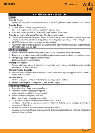 GRE2012
Página 253
GUÍA
140
RESPUESTA DE EMERGENCIA
FUEGO
Incendio Pequeño
•	 Use agua.No usar polvos químicos secos o espuma.El uso de CO2
y Halon® pueden proveer un control limitado.
Incendio Grande
•	 Inunde el área de incendio con agua a distancia.
•	 No mover la carga ni el vehículo, si la carga ha sido expuesta al calor.
•	 Mueva los contenedores del área de fuego si lo puede hacer sin ningún riesgo.
Incendio que involucraTanques o Vagones o Remolques y sus Cargas
•	 Combata el incendio desde una distancia máxima o utilice soportes fijos para mangueras o chiflones reguladores.
•	 Enfríe los contenedores con chorros de agua hasta mucho después de que el fuego se haya extinguido.
•	 SIEMPRE manténgase alejado de tanques envueltos en fuego.
•	 Para incendio masivo, utilizar los soportes fijos para mangueras o los chiflones reguladores;si esto es imposible,
retirarse del área y dejar que arda.
DERRAME O FUGA
•	 Mantener los materiales combustibles (madera, papel, aceite, etc.) lejos del material derramado.
•	 Notocarloscontenedoresdañadoso elmaterialderramado,a menosqueestéusandolaropaprotectoraadecuada.
•	 Detenga la fuga, en caso de poder hacerlo sin riesgo.
•	 No introducir agua en los contenedores.
Derrame Seco Pequeño
•	 Con una pala limpia, colocar el material en un contenedor limpio y seco y cubrir holgadamente; quitar los
contenedores del área del derrame.
Derrame Pequeño de Líquido
•	 Use un material no-combustible como vermiculita o arena para absorber el producto y ponerlo en un contenedor
para su desecho posterior.
Derrame Grande
•	 Construir un dique más adelante del derrame líquido para su desecho posterior.
•	 Después de la recuperación del producto, lave el área con agua.
PRIMEROS AUXILIOS
•	 Mueva a la víctima a donde se respire aire fresco.
•	 Llamar a los servicios médicos de emergencia.
•	 Aplicar respiración artificial si la víctima no respira.
•	 Suministrar oxígeno si respira con dificultad.
•	 Quitar y aislar la ropa y el calzado contaminados.
•	 La ropa contaminada puede tener riesgo de incendio cuando se seca.
•	 En caso de contacto con la sustancia, enjuagar inmediatamente la piel o los ojos con agua corriente por lo
menos durante 20 minutos.
•	 Mantener a la víctima en reposo y con temperatura corporal normal.
•	 Asegúrese que el personal médico tenga conocimiento de los materiales involucrados, y tomar las precauciones
para protegerse a sí mismos.
Oxidantes
 