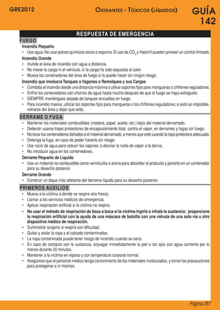 GRE2012
Página 257
GUÍA
142
RESPUESTA DE EMERGENCIA
FUEGO
Incendio Pequeño
•	 Use agua.No usar polvos químicos secos o espuma.El uso de CO2
y Halon® pueden proveer un control limitado.
Incendio Grande
•	 Inunde el área de incendio con agua a distancia.
•	 No mover la carga ni el vehículo, si la carga ha sido expuesta al calor.
•	 Mueva los contenedores del área de fuego si lo puede hacer sin ningún riesgo.
Incendio que involucraTanques o Vagones o Remolques y sus Cargas
•	 Combata el incendio desde una distancia máxima o utilice soportes fijos para mangueras o chiflones reguladores.
•	 Enfríe los contenedores con chorros de agua hasta mucho después de que el fuego se haya extinguido.
•	 SIEMPRE manténgase alejado de tanques envueltos en fuego.
•	 Para incendio masivo, utilizar los soportes fijos para mangueras o los chiflones reguladores;si esto es imposible,
retirarse del área y dejar que arda.
DERRAME O FUGA
•	 Mantener los materiales combustibles (madera, papel, aceite, etc.) lejos del material derramado.
•	 Deberán usarse trajes protectores de encapsulamiento total  contra el vapor, en derrames y fugas sin fuego.
•	 Notocarloscontenedoresdañadoso elmaterialderramado,a menosqueestéusandolaropaprotectoraadecuada.
•	 Detenga la fuga, en caso de poder hacerlo sin riesgo.
•	 Use rocío de agua para reducir los vapores; o desviar la nube de vapor a la deriva.
•	 No introducir agua en los contenedores.
Derrame Pequeño de Líquido
•	 Use un material no-combustible como vermiculita o arena para absorber el producto y ponerlo en un contenedor
para su desecho posterior.
Derrame Grande
•	 Construir un dique más adelante del derrame líquido para su desecho posterior.
PRIMEROS AUXILIOS
•	 Mueva a la víctima a donde se respire aire fresco.
•	 Llamar a los servicios médicos de emergencia.
•	 Aplicar respiración artificial si la víctima no respira.
•	 No usar el método de respiración de boca a boca si la víctima ingirió o inhaló la sustancia: proporcione
la respiración artificial con la ayuda de una máscara de bolsillo con una válvula de una sola vía u otro
dispositivo médico de respiración.
•	 Suministrar oxígeno si respira con dificultad.
•	 Quitar y aislar la ropa y el calzado contaminados.
•	 La ropa contaminada puede tener riesgo de incendio cuando se seca.
•	 En caso de contacto con la sustancia, enjuagar inmediatamente la piel o los ojos con agua corriente por lo
menos durante 20 minutos.
•	 Mantener a la víctima en reposo y con temperatura corporal normal.
•	 Asegúrese que el personal médico tenga conocimiento de los materiales involucrados, y tomar las precauciones
para protegerse a sí mismos.
Oxidantes - Tóxicos (líquidos)
 
