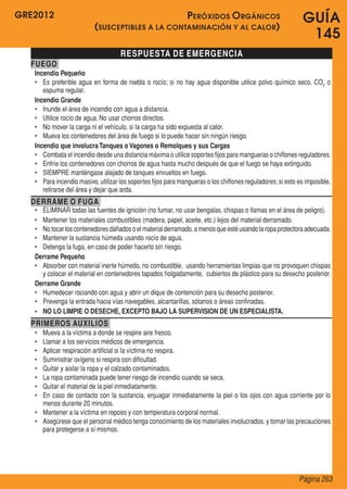 GRE2012
Página 263
GUÍA
145
RESPUESTA DE EMERGENCIA
FUEGO
Incendio Pequeño
•	 Es preferible agua en forma de niebla o rocío; si no hay agua disponible utilice polvo químico seco, CO2
o
espuma regular.
Incendio Grande
•	 Inunde el área de incendio con agua a distancia.
•	 Utilice rocío de agua. No usar chorros directos.
•	 No mover la carga ni el vehículo, si la carga ha sido expuesta al calor.
•	 Mueva los contenedores del área de fuego si lo puede hacer sin ningún riesgo.
Incendio que involucraTanques o Vagones o Remolques y sus Cargas
•	 Combata el incendio desde una distancia máxima o utilice soportes fijos para mangueras o chiflones reguladores.
•	 Enfríe los contenedores con chorros de agua hasta mucho después de que el fuego se haya extinguido.
•	 SIEMPRE manténgase alejado de tanques envueltos en fuego.
•	 Para incendio masivo, utilizar los soportes fijos para mangueras o los chiflones reguladores;si esto es imposible,
retirarse del área y dejar que arda.
DERRAME O FUGA
•	 ELIMINAR todas las fuentes de ignición (no fumar, no usar bengalas, chispas o llamas en el área de peligro).
•	 Mantener los materiales combustibles (madera, papel, aceite, etc.) lejos del material derramado.
•	 Notocarloscontenedoresdañadoso elmaterialderramado,a menosqueestéusandolaropaprotectoraadecuada.
•	 Mantener la sustancia húmeda usando rocío de agua.
•	 Detenga la fuga, en caso de poder hacerlo sin riesgo.
Derrame Pequeño
•	 Absorber con material inerte húmedo, no combustible,  usando herramientas limpias que no provoquen chispas
y colocar el material en contenedores tapados holgadamente,  cubiertos de plástico para su desecho posterior.
Derrame Grande
•	 Humedecer rociando con agua y abrir un dique de contención para su desecho posterior.
•	 Prevenga la entrada hacia vías navegables, alcantarillas, sótanos o áreas confinadas.
•	 NO LO LIMPIE O DESECHE, EXCEPTO BAJO LA SUPERVISION DE UN ESPECIALISTA.
PRIMEROS AUXILIOS
•	 Mueva a la víctima a donde se respire aire fresco.
•	 Llamar a los servicios médicos de emergencia.
•	 Aplicar respiración artificial si la víctima no respira.
•	 Suministrar oxígeno si respira con dificultad.
•	 Quitar y aislar la ropa y el calzado contaminados.
•	 La ropa contaminada puede tener riesgo de incendio cuando se seca.
•	 Quitar el material de la piel inmediatamente.
•	 En caso de contacto con la sustancia, enjuagar inmediatamente la piel o los ojos con agua corriente por lo
menos durante 20 minutos.
•	 Mantener a la víctima en reposo y con temperatura corporal normal.
•	 Asegúrese que el personal médico tenga conocimiento de los materiales involucrados, y tomar las precauciones
para protegerse a sí mismos.
Peróxidos Orgánicos
(susceptibles a la contaminación y al calor)
 