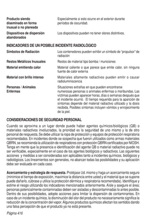 Página 416
Producto siendo	 Especialmente si esto ocurre en el exterior durante
diseminado en forma	 períodos de oscuridad.
inusual o no planeada
Dispositivos de dispersión 	 Los dispositivos pueden no tener olores distintivos.
abandonados
INDICADORES DE UN POSIBLE INCIDENTE RADIOLÓGICO
Símbolos de Radiación	 Los contenedores pueden exhibir un símbolo de “propulsor” de
radiación
Restos Metálicos Inusuales	 Restos de material tipo bomba / municiones
Material emitiendo calor	 Material caliente o que parece que emite calor, sin ninguna
fuente de calor externa
Material con brillo intenso	 Materiales altamente radiactivos pueden emitir o causar
radioluminiscencia
Personas / Animales	 Situaciones extrañas en que pueden encontrarse
Enfermas	 numerosas personas o animales enfermas o moribundas. Las
víctimas pueden aparecer horas, días o semanas después que
el incidente ocurrió. El tiempo requerido para la aparición de
síntomas depende del material radiactivo utilizado y la dosis
recibida. Posibles síntomas incluyen vómitos y enrojecimiento
de la piel.
CONSIDERACIONES DE SEGURIDAD PERSONAL
Cuando se aproxima a un lugar donde puede haber agentes químicos/biológicos (QB) o
materiales radiactivos involucrados, la prioridad es la seguridad de uno mismo y la de otro
personal de respuesta.Se debe utilizar la ropa de protección y equipos de protección respiratoria
recomendados. En incidentes donde se sospecha que fueron utilizados como armas materiales
QBRN, se recomienda la utilización de respiradores con protección QBRN certificados por NIOSH.
Tenga en mente que la presencia e identificación del agente QB o material radiactivo puede no
ser verificable, especialmente en el caso de los agentes biológicos y radiactivos. Las siguientes
acciones y medidas a ser consideradas son aplicables tanto a incidentes químicos, biológicos y
radiológicos. Los lineamientos son generales, no abarcan todas las posibilidades y su aplicación
debe ser evaluada en cada caso.
Acercamiento y estrategia de respuesta. Protéjase Ud.mismo y haga un acercamiento seguro
(minimice el tiempo de exposición, maximice la distancia entre usted y el material que se supone
puede dañarlo, cúbrase y utilice la protección dérmica y respiratoria recomendada). Identifique y
estime el riesgo utilizando los indicadores mencionados anteriormente. Aísle y asegure el área;
personas potencialmente contaminadas deben ser aisladas y descontaminadas lo antes posible.
Dentro de sus posibilidades, adopte acciones para limitar la dispersión de contaminantes. En
caso de un incidente químico, la disminución del olor del producto no necesariamente significa la
reducción de la concentración del vapor.Algunos productos químicos afectan los sentidos dando
una falsa percepción de que el producto ya no está presente.
 