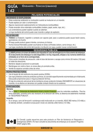 GRE2016
GUÍA
142
PELIGROS POTENCIALES
INCENDIO O EXPLOSION
A LA SALUD
TÓXICO
SEGURIDAD PUBLICA
LLAMARprimeroal númerode teléfonode respuestaencasodeemergenciaeneldocumentodeembarque.
Si el documento de embarque no está disponible o no hay respuesta, diríjase a los números telefónicos
enlistados en el forro de la contraportada.
ROPA PROTECTORA
EVACUACIÓN
Derrame
Incendio
OXIDANTES - TÓXICOS (LÍQUIDOS)
Página 232
 