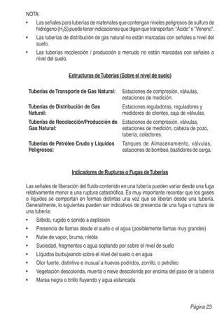 NOTA:
Las señales para tuberías de materiales que contengan niveles peligrosos de sulfuro de
hidrógeno (H2S) puede tener indicaciones que digan que transportan:"Ácido" o "Veneno".
Las tuberías de distribución de gas natural no están marcadas con señales a nivel del
suelo.
Las tuberías recolección / producción a menudo no están marcadas con señales a
nivel del suelo.
Estructuras deTuberías (Sobre el nivel de suelo)
Tuberías deTransporte de Gas Natural: Estaciones de compresión, válvulas,
estaciones de medición.
Tuberías de Distribución de Gas
Natural:
Estaciones reguladoras, reguladores y
medidores de clientes, caja de válvulas.
Tuberías de Recolección/Producción de
Gas Natural:
Estaciones de compresión, válvulas,
estaciones de medición, cabeza de pozo,
tubería, colectores.
Tuberías de Petróleo Crudo y Líquidos
Peligrosos:
Tanques de Almacenamiento, válvulas,
estaciones de bombeo, bastidores de carga.
Indicadores de Rupturas o Fugas deTuberías
Las señales de liberación del ﬂuido contenido en una tubería pueden variar desde una fuga
relativamente menor a una ruptura catastróﬁca. Es muy importante recordar que los gases
o líquidos se comportan en formas distintas una vez que se liberan desde una tubería.
Generalmente, lo siguientes pueden ser indicativos de presencia de una fuga o ruptura de
una tubería:
Silbido, rugido o sonido a explosión
Presencia de llamas desde el suelo o el agua (posiblemente llamas muy grandes)
Nube de vapor, bruma, niebla
Suciedad, fragmentos o agua soplando por sobre el nivel de suelo
Líquidos burbujeando sobre el nivel del suelo o en agua
Olor fuerte, distintivo e inusual a huevos podridos, zorrillo, o petróleo
Vegetación descolorida, muerta o nieve descolorida por encima del paso de la tubería
Marea negra o brillo ﬂuyendo y agua estancada
Página 23
 
