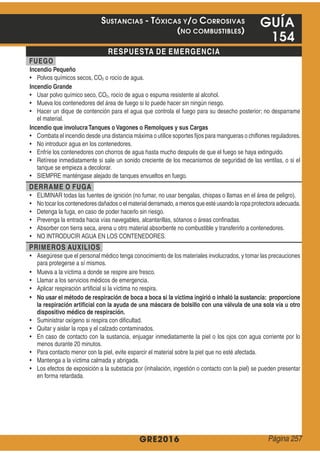 GRE2016
GUÍA
154
RESPUESTA DE EMERGENCIA
FUEGO
Incendio Pequeño
2
Incendio Grande
2
Incendio que involucraTanques o Vagones o Remolques y sus Cargas
DERRAME O FUGA
PRIMEROS AUXILIOS
No usar el método de respiración de boca a boca si la víctima ingirió o inhaló la sustancia: proporcione
la respiración artiﬁcial con la ayuda de una máscara de bolsillo con una válvula de una sola vía u otro
dispositivo médico de respiración.
SUSTANCIAS - TÓXICAS Y/O CORROSIVAS
(NO COMBUSTIBLES)
Página 257
 