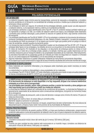 GRE2016
GUÍA
165
PELIGROS POTENCIALES
A LA SALUD
INCENDIO O EXPLOSION
SEGURIDAD PUBLICA
LLAMAR primero al número de teléfono de respuesta en caso de emergencia en el documento de embarque.
Si el documento de embarque no está disponible o no hay respuesta, diríjase a los números telefónicos
enlistados en el forro de la contraportada.
Las prioridades para rescatar, salvar vidas, primeros auxilios y control de incendio y otros peligros son
más importantes que la prioridad para medir los niveles de radiación
ROPA PROTECTORA
EVACUACIÓN
Derrame Grande
Incendio
MATERIALES RADIACTIVOS
(FISIONABLE / RADIACIÓN DE NIVEL BAJO A ALTO)
Página 278
 