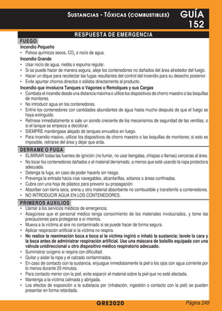 RESPUESTA DE EMERGENCIA
FUEGO
Incendio Pequeño
•	 Polvos químicos secos, CO2 o rocío de agua.
Incendio Grande
•	 Usar rocío de agua, niebla o espuma regular.
•	 Si se puede hacer de manera segura, aleje los contenedores no dañados del área alrededor del fuego.
•	 Hacer un dique para recolectar las fugas resultantes del control del incendio para su desecho posterior.
•	 Evite apuntar chorros directos o sólidos directamente al producto.
Incendio que involucra Tanques o Vagones o Remolques y sus Cargas
•	 Combata el incendio desde una distancia máxima o utilice los dispositivos de chorro maestro o las boquillas
de monitores.
•	 No introducir agua en los contenedores.
•	 Enfríe los contenedores con cantidades abundantes de agua hasta mucho después de que el fuego se
haya extinguido.
•	 Retírese inmediatamente si sale un sonido creciente de los mecanismos de seguridad de las ventilas, o
si el tanque se empieza a decolorar.
•	 SIEMPRE manténgase alejado de tanques envueltos en fuego.
•	 Para incendio masivo, utilizar los dispositivos de chorro maestro o las boquillas de monitores; si esto es
imposible, retirarse del área y dejar que arda.
DERRAME O FUGA
•	 ELIMINAR todas las fuentes de ignición (no fumar, no usar bengalas, chispas o llamas) cercanas al área.
•	 No tocar los contenedores dañados o el material derramado, a menos que esté usando la ropa protectora
adecuada.
•	 Detenga la fuga, en caso de poder hacerlo sin riesgo.
•	 Prevenga la entrada hacia vías navegables, alcantarillas, sótanos o áreas confinadas.
•	 Cubra con una hoja de plástico para prevenir su propagación.
•	 Absorber con tierra seca, arena u otro material absorbente no combustible y transferirlo a contenedores.
•	 NO INTRODUCIR AGUA EN LOS CONTENEDORES.
PRIMEROS AUXILIOS
•	 Llamar a los servicios médicos de emergencia.
•	 Asegúrese que el personal médico tenga conocimiento de los materiales involucrados, y tome las
precauciones para protegerse a sí mismos.
•	 Mueva a la víctima al aire no contaminado si se puede hacer de forma segura.
•	 Aplicar respiración artificial si la víctima no respira.
•	 No realice la reanimación boca a boca si la víctima ingirió o inhaló la sustancia; lavele la cara y
la boca antes de administrar respiración artificial. Use una máscara de bolsillo equipada con una
válvula unidireccional u otro dispositivo médico respiratorio adecuado.
•	 Suministrar oxígeno si respira con dificultad.
•	 Quitar y aislar la ropa y el calzado contaminados.
•	 En caso de contacto con la sustancia, enjuague inmediatamente la piel o los ojos con agua corriente por
lo menos durante 20 minutos.
•	 Para contacto menor con la piel, evite esparcir el material sobre la piel que no esté afectada.
•	 Mantenga a la víctima calmada y abrigada.
•	 Los efectos de exposición a la substacia por (inhalación, ingestión o contacto con la piel) se pueden
presentar en forma retardada.
GRE2020
GUÍA
152
Sustancias - Tóxicas (combustibles)
Página 249
 