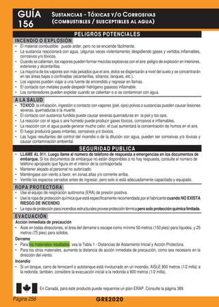 PELIGROS POTENCIALES
INCENDIO O EXPLOSIÓN
•	 El material combustible: puede arder, pero no se enciende fácilmente.
•	 La sustancia reaccionará con agua, (algunas veces violentamente) despidiendo gases y vertidos inflamables,
corrosivos y/o tóxicos.
•	 Cuando se calientan, los vapores pueden formar mezclas explosivas con el aire: peligro de explosión en interiores,
exteriores y alcantarillas.
•	 La mayoría de los vapores son más pesados que el aire, éstos se dispersarán a nivel del suelo y se concentrarán
en las áreas bajas o confinadas (alcantarillas, sótanos, tanques, etc.).
•	 Los vapores pueden viajar a una fuente de encendido y regresar en llamas.
•	 El contacto con metales puede despedir hidrógeno gaseoso inflamable.
•	 Los contenedores pueden explotar cuando se calientan o si se contaminan con agua.
A LA SALUD
•	 TÓXICO; la inhalación, ingestión o contacto con vapores (piel, ojos) polvos o sustancias pueden causar lesiones
severas, quemaduras o la muerte.
•	 El contacto con sustancia fundida puede causar severas quemaduras en la piel y los ojos.
•	 La reacción con el agua o aire húmedo puede producir gases tóxicos, corrosivos e inflamables.
•	 La reacción con el agua puede generar mucho calor, el cual aumentará la concentración de humos en el aire.
•	 El fuego producirá gases irritantes, corrosivos y/o tóxicos.
•	 Las fugas resultantes del control del incendio o de la dilución con agua, pueden ser corrosivas y/o tóxicas y
causar contaminación ambiental.
SEGURIDAD PUBLICA
•	 LLAME AL 911. Luego llame al número de teléfono de respuesta a emergencias en los documentos de
embarque. Si los documentos de embarque no están disponibles o no hay respuesta, consulte el número de
teléfono apropiado que figura en el interior de la contraportada.
•	 Mantener alejado al personal no autorizado.
•	 Manténgase con viento a favor, en zonas altas y/o corriente arriba.
•	 Ventile los espacios cerrados antes de ingresar, pero solo si está adecuadamente capacitado y equipado.
ROPA PROTECTORA
•	 Use el equipo de respiración autónoma (ERA) de presión positiva.
•	 Use la ropa de protección química que está específicamente recomendada por el fabricante cuando NO EXISTA
RIESGO DE INCENDIO.
•	 Laropadeprotecciónparaincendiosestructuralesproveeproteccióntérmicaperosoloprotecciónquímicalimitada.
EVACUACIÓN
Acción inmediata de precaución
•	 Aisle en todas direcciones, el área del derrame o escape como mínimo 50 metros (150 pies) para líquidos, y 25
metros (75 pies) para sólidos.
Derrame
•	 Para los materiales resaltados: vea la Tabla 1 - Distancias de Aislamiento Inicial y Acción Protectora.
•	 Para los otros materiales, aumente la distancia de acción inmediata de precaución, como sea necesario en la
dirección del viento.
Incendio
•	 Si un tanque, carro de ferrocarril o autotanque está involucrado en un incendio, AISLE 800 metros (1/2 milla) a
la redonda; también, considere la evacuación inicial a la redonda a 800 metros (1/2 milla).
En Canadá, para este producto puede requerirse un plan ERAP. Consulte la página 389.
GRE2020
GUÍA
156
Sustancias - Tóxicas y/o Corrosivas
(combustibles / susceptibles al agua)
Página 256
 