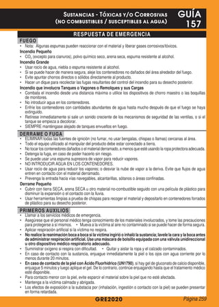 RESPUESTA DE EMERGENCIA
FUEGO
•	 Nota: Algunas espumas pueden reaccionar con el material y liberar gases corrosivos/tóxicos.
Incendio Pequeño
•	 CO2 (excepto para cianuros), polvo químico seco, arena seca, espuma resistente al alcohol.
Incendio Grande
•	 Usar rocío de agua, niebla o espuma resistente al alcohol.
•	 Si se puede hacer de manera segura, aleje los contenedores no dañados del área alrededor del fuego.
•	 Evite apuntar chorros directos o sólidos directamente al producto.
•	 Hacer un dique para recolectar las fugas resultantes del control del incendio para su desecho posterior.
Incendio que involucra Tanques o Vagones o Remolques y sus Cargas
•	 Combata el incendio desde una distancia máxima o utilice los dispositivos de chorro maestro o las boquillas
de monitores.
•	 No introducir agua en los contenedores.
•	 Enfríe los contenedores con cantidades abundantes de agua hasta mucho después de que el fuego se haya
extinguido.
•	 Retírese inmediatamente si sale un sonido creciente de los mecanismos de seguridad de las ventilas, o si el
tanque se empieza a decolorar.
•	 SIEMPRE manténgase alejado de tanques envueltos en fuego.
DERRAME O FUGA
•	 ELIMINAR todas las fuentes de ignición (no fumar, no usar bengalas, chispas o llamas) cercanas al área.
•	 Todo el equipo utilizado al manipular del producto debe estar conectado a tierra.
•	 Notocarloscontenedoresdañadosoelmaterialderramado,amenosqueestéusandolaropaprotectoraadecuada.
•	 Detenga la fuga, en caso de poder hacerlo sin riesgo.
•	 Se puede usar una espuma supresora de vapor para reducir vapores.
•	 NO INTRODUCIR AGUA EN LOS CONTENEDORES.
•	 Usar rocío de agua para reducir los vapores; o desviar la nube de vapor a la deriva. Evite que flujos de agua
entren en contacto con el material derramado.
•	 Prevenga la entrada hacia vías navegables, alcantarillas, sótanos o áreas confinadas.
Derrame Pequeño
•	 Cubrir con tierra SECA, arena SECA u otro material no-combustible seguido con una película de plástico para
disminuir la expansión o el contacto con la lluvia.
•	 Usar herramientas limpias a prueba de chispas para recoger el material y depositarlo en contenedores forrados
de plástico para su desecho posterior.
PRIMEROS AUXILIOS
•	 Llamar a los servicios médicos de emergencia.
•	 Asegúrese que el personal médico tenga conocimiento de los materiales involucrados, y tome las precauciones
para protegerse a sí mismos. • Mueva a la víctima al aire no contaminado si se puede hacer de forma segura.
•	 Aplicar respiración artificial si la víctima no respira.
•	 No realice la reanimación boca a boca si la víctima ingirió o inhaló la sustancia; lavele la cara y la boca antes
de administrar respiración artificial. Use una máscara de bolsillo equipada con una válvula unidireccional
u otro dispositivo médico respiratorio adecuado.
•	 Suministrar oxígeno si respira con dificultad. • Quitar y aislar la ropa y el calzado contaminados.
•	 En caso de contacto con la sustancia, enjuague inmediatamente la piel o los ojos con agua corriente por lo
menos durante 20 minutos.
•	 En caso de contacto de la piel con Ácido Fluorhídrico (UN1790), si hay gel de gluconato de calcio disponible,
enjuague 5 minutos y luego aplique el gel. De lo contrario, continúe enjuagando hasta que el tratamiento médico
esté disponible.
•	 Para contacto menor con la piel, evite esparcir el material sobre la piel que no esté afectada.
•	 Mantenga a la víctima calmada y abrigada.
•	 Los efectos de exposición a la substacia por (inhalación, ingestión o contacto con la piel) se pueden presentar
en forma retardada.
GRE2020
GUÍA
157
Sustancias - Tóxicas y/o Corrosivas
(no combustibles / susceptibles al agua)
Página 259
 