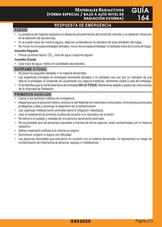 RESPUESTA DE EMERGENCIA
FUEGO
•	 La presencia de material radiactivo no afecta los procedimientos de control de incendio y no debieran influenciar
en la selección de las técnicas.
•	 Si se puede hacer de manera segura, aleje los contenedores no dañados del área alrededor del fuego.
•	 No mover los envases/embalajes dañados, mover los envases/embalajes no dañados fuera de la zona de fuego.
Incendio Pequeño
•	 Polvos químicos secos, CO2, rocío de agua o espuma regular.
Incendio Grande
•	 Usar rocío de agua, niebla (en cantidades abundantes).
DERRAME O FUGA
•	 No tocar los paquetes dañados ni el material derramado.
•	 Las superficies húmedas en embalajes levemente dañados o no dañados rara vez son un indicador de una
falla en el embalaje. El contenido es usualmente una cápsula metálicas, fácilmente visible si sale del embalaje.
•	 Si se identifica que la fuente está fuera del embalaje NO LO TOQUE. Mantenerse alejado y espere las instrucciones
de la Autoridad de Radiación.
PRIMEROS AUXILIOS
•	 Llamar a los servicios médicos de emergencia.
•	 Asegúrese que el personal médico conozca la identidad de los materiales involucrados, tome precauciones para
protegerlos a ellos y prevenga la dispersión de la contaminación.
•	 Las urgencias médicas tienen prioridad sobre la mitigación radiológica.
•	 Usar el tratamiento de primeros auxilios de acuerdo a la naturaleza de la lesión.
•	 No demore el cuidado y traslado de una persona seriamente lastimada.
•	 No es probable que las personas expuestas a fuentes de forma especial, estén contaminadas con el material
radiactivo.
•	 Aplicar respiración artificial si la víctima no respira.
•	 Suministrar oxígeno si respira con dificultad.
•	 Las personas lesionadas que estuvieron en contacto con el material derramado, no representan un riesgo de
contaminación de importancia al personal, equipos e instalaciones.
GRE2020
GUÍA
164
Materiales Radiactivos
(forma especial / bajo a alto nivel de
radiación externa)
Página 273
 
