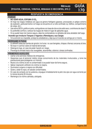 RESPUESTA DE EMERGENCIA
FUEGO
•	 NO USAR AGUA, ESPUMA O CO2.
•	 Al mojar los fuegos metálicos con agua se genera hidrógeno gaseoso, provocando un peligro extremo
de explosión, particularmente si el fuego se encuentra en un sitio confinado (ej. Edificio, compartimiento
de carga, etc.).
•	 Use arena SECA, grafito en polvo, extinguidores con base de cloruro de sodio seco, o extintores de clase D.
•	 Es preferible confinar y sofocar los fuegos de metal en lugar de aplicarles agua.
•	 Si se puede hacer de manera segura, aleje los contenedores no dañados del área alrededor del fuego.
Incendio que involucra Tanques o Vagones o Remolques y sus Cargas
•	 Si la extinción es imposible, proteja los alrededores y deje que el incendio se extinga por sí mismo.
DERRAME O FUGA
•	 ELIMINAR todas las fuentes de ignición (no fumar, no usar bengalas, chispas o llamas) cercanas al área.
•	 No tocar ni caminar sobre el material derramado.
•	 Detenga la fuga, en caso de poder hacerlo sin riesgo.
•	 Prevenga la entrada hacia vías navegables, alcantarillas, sótanos o áreas confinadas.
PRIMEROS AUXILIOS
•	 Llamar a los servicios médicos de emergencia.
•	 Asegúrese que el personal médico tenga conocimiento de los materiales involucrados, y tome las
precauciones para protegerse a sí mismos.
•	 Mueva a la víctima al aire no contaminado si se puede hacer de forma segura.
•	 Aplicar respiración artificial si la víctima no respira.
•	 Suministrar oxígeno si respira con dificultad.
•	 Quitar y aislar la ropa y el calzado contaminados.
•	 En caso de contacto con la sustancia, enjuague inmediatamente la piel o los ojos con agua corriente por
lo menos durante 20 minutos.
•	 Mantenga a la víctima calmada y abrigada.
GRE2020
GUÍA
170
Metales
(polvos, cenizas, virutas, rebabas o recortes, etc.)
Página 285
 