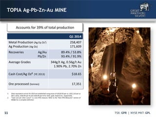 11
Q1 2014
Metal Production (Ag Eq Oz¹)
Ag Production (Ag Oz)
258,407
171,609
Recoveries Ag/Au
Pb/Zn
89.4% / 53.8%
93.4% / 91.9%
Average Grades 344g/t Ag, 0.56g/t Au
1.90% Pb, 2.70% Zn
Cash Cost/Ag Oz2 (YE 2013) $18.65
Ore processed (tonnes) 17,351
Accounts for 39% of total production
TOPIA Ag-Pb-Zn-Au MINE
1. Silver equivalent ounces for 2014 are established using prices of US$18.50 per oz, US$1,110 per oz
(60:1 ratio), US$0.85 per lb and US$0.85 per lb for silver, gold, lead & zinc, respectively.
2. “Cash cost per silver ounce” is a non-IFRS measure. Refer to the “Non-IFRS Measures” section of
MD&A for a complete definition
 