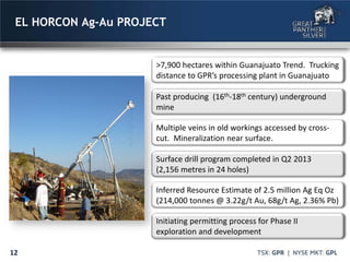12
EL HORCON Ag-Au PROJECT
>7,900 hectares within Guanajuato Trend. Trucking
distance to GPR’s processing plant in Guanajuato
Multiple veins in old workings accessed by cross-
cut. Mineralization near surface.
Past producing (16th-18th century) underground
mine
Surface drill program completed in Q2 2013
(2,156 metres in 24 holes)
Inferred Resource Estimate of 2.5 million Ag Eq Oz
(214,000 tonnes @ 3.22g/t Au, 68g/t Ag, 2.36% Pb)
Initiating permitting process for Phase II
exploration and development
 