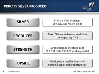 2
SILVER Primary Silver Producer
55% Ag, 36% Au, 9% Pb-Zn
PRODUCER
Two 100% owned mines in Mexico
Unhedged Ag & Au
UPSIDE
Developing a satellite operation
Pursuing acquisition opportunities
STRENGTH
Strong balance sheet; no debt
$21.8 M cash, $38.2 M working capital
PRIMARY SILVER PRODUCER
* As of December 31, 2013
 