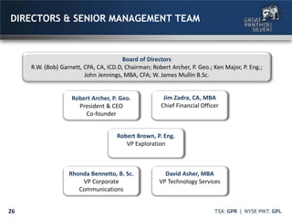 26
DIRECTORS & SENIOR MANAGEMENT TEAM
Board of Directors
R.W. (Bob) Garnett, CPA, CA, ICD.D, Chairman; Robert Archer, P. Geo.; Ken Major, P. Eng.;
John Jennings, MBA, CFA; W. James Mullin B.Sc.
Robert Archer, P. Geo.
President & CEO
Co-founder
Rhonda Bennetto, B. Sc.
VP Corporate
Communications
Robert Brown, P. Eng.
VP Exploration
Jim Zadra, CA, MBA
Chief Financial Officer
David Asher, MBA
VP Technology Services
 
