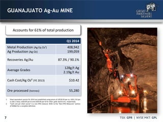 7
GUANAJUATO Ag-Au MINE
Q1 2014
Metal Production (Ag Eq Oz¹)
Ag Production (Ag Oz)
408,942
199,059
Recoveries Ag/Au 87.3% / 90.1%
Average Grades
128g/t Ag
2.19g/t Au
Cash Cost/Ag Oz² (YE 2013) $10.42
Ore processed (tonnes) 55,280
Accounts for 61% of total production
1. Silver equivalent ounces for 2014 are established using prices of US$18.50 per oz, US$1,110 per
oz (60:1 ratio), US$0.85 per lb and US$0.85 per lb for silver, gold, lead & zinc, respectively.
2. “Cash cost per silver ounce” is a non-IFRS measure. Refer to the “Non-IFRS Measures” section
of MD&A for a complete definition
 