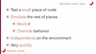 T E S T I N G T Y P E S : U N I T
@alberto_deavila
✴ Test a small piece of code
✴ Simulate the rest of pieces
✴ Mock it
✴ Override behavior
✴ Independents on the environment
✴ Very quickly
 