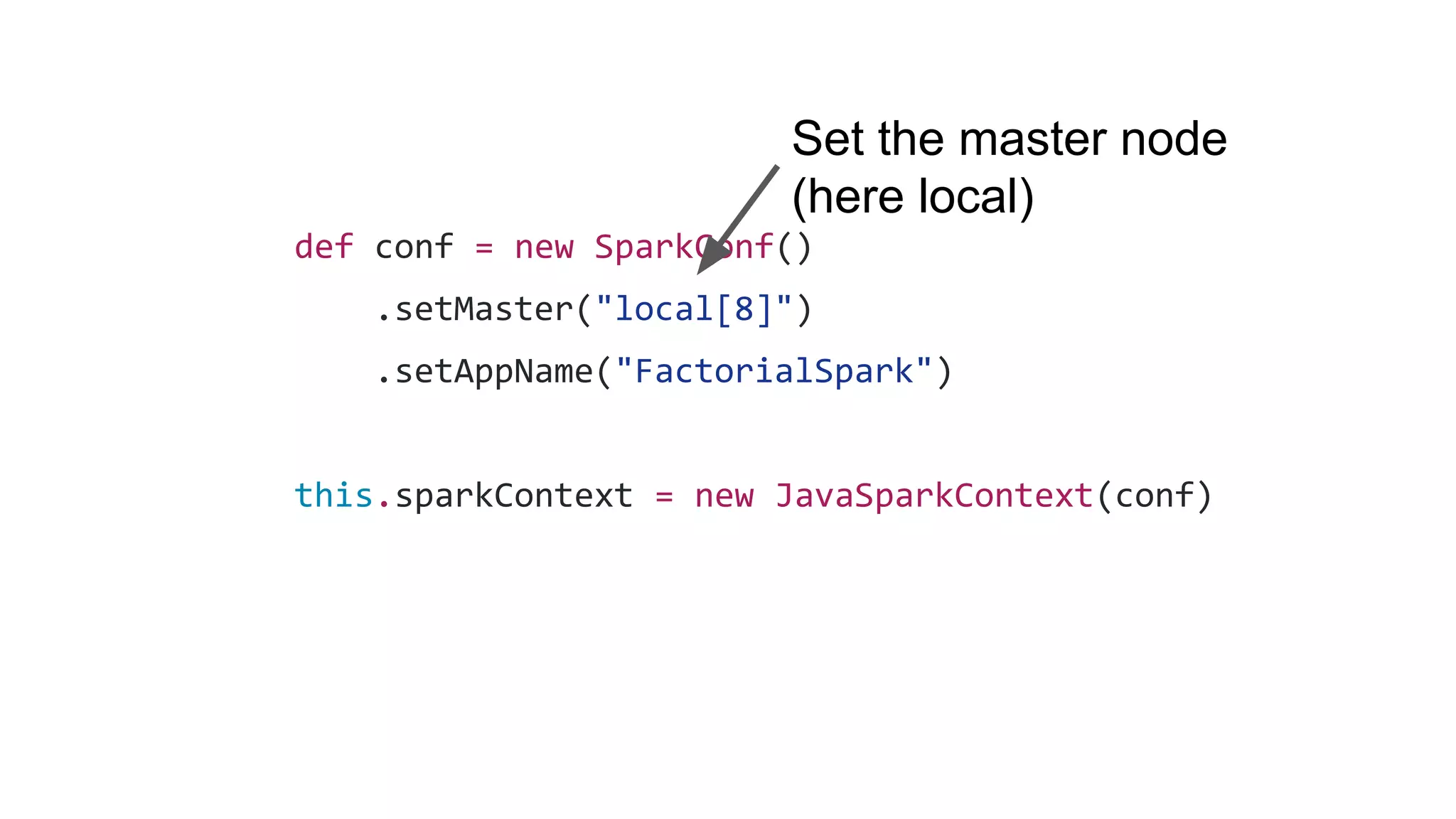 def conf = new SparkConf()
.setMaster("local[8]")
.setAppName("FactorialSpark")
this.sparkContext = new JavaSparkContext(conf)
Set the master node
(here local)
 