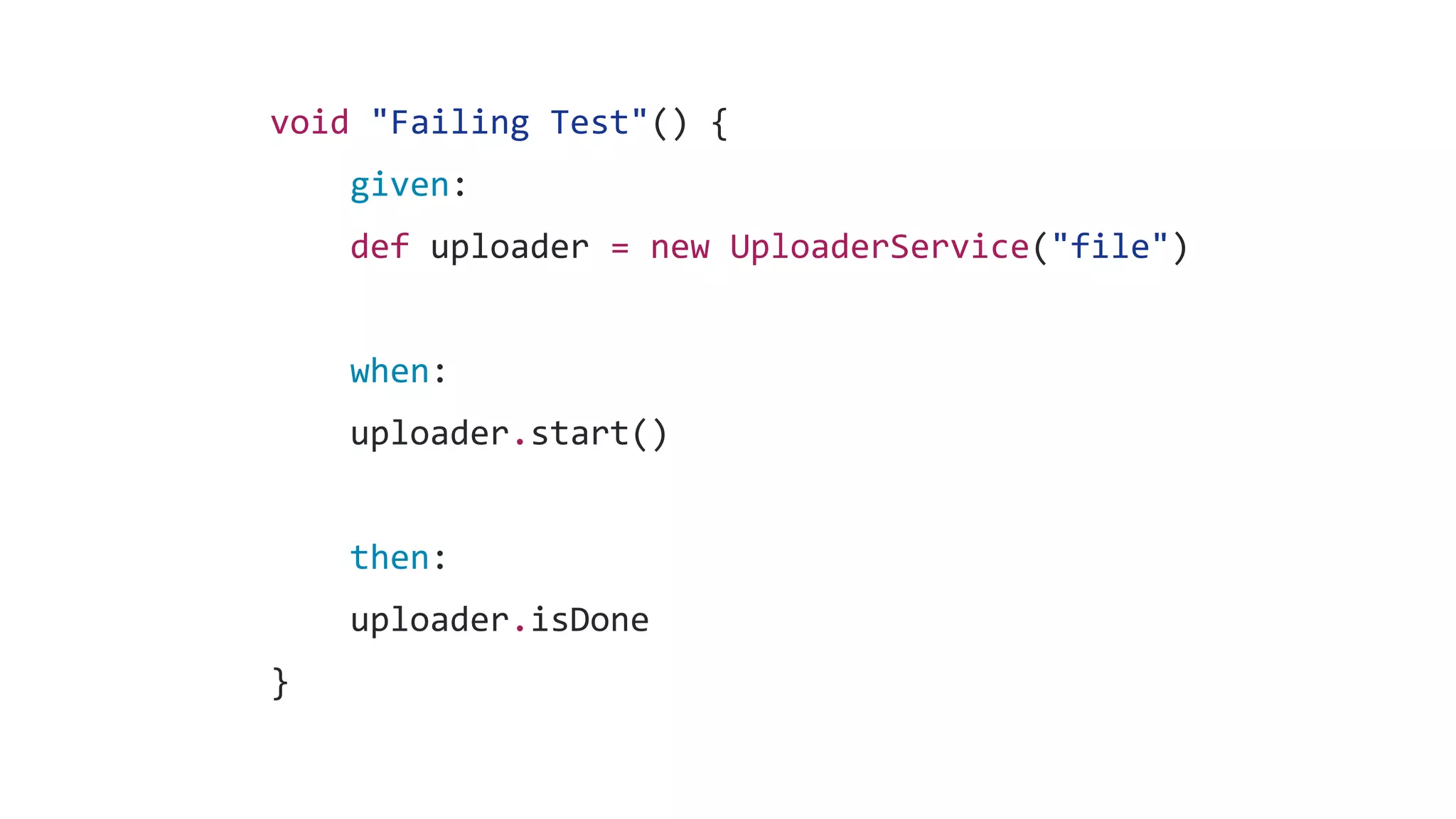 void "Failing Test"() {
given:
def uploader = new UploaderService("file")
when:
uploader.start()
then:
uploader.isDone
}
 