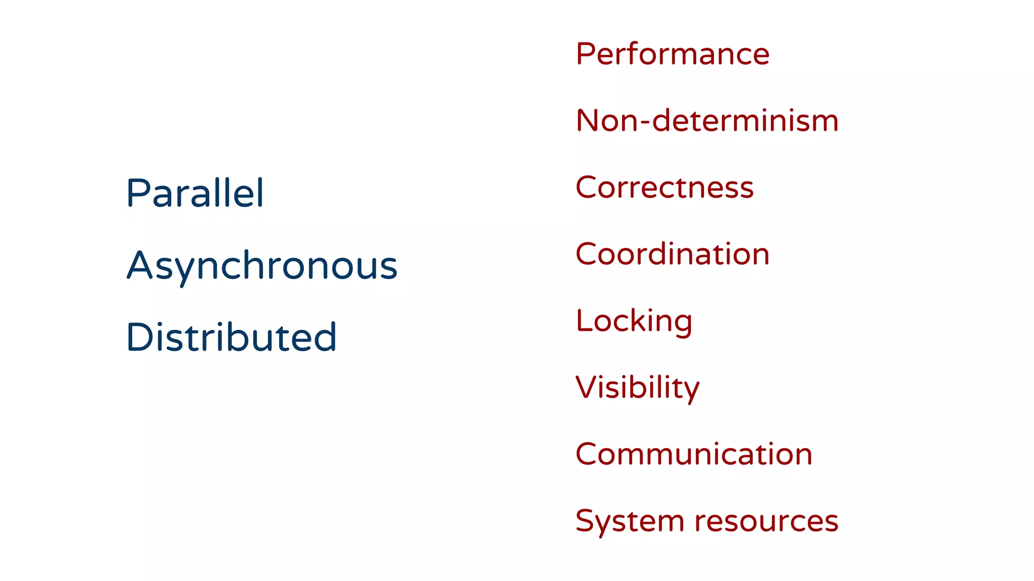 Parallel
Asynchronous
Distributed
Performance
Non-determinism
Correctness
Coordination
Locking
Visibility
Communication
System resources
 