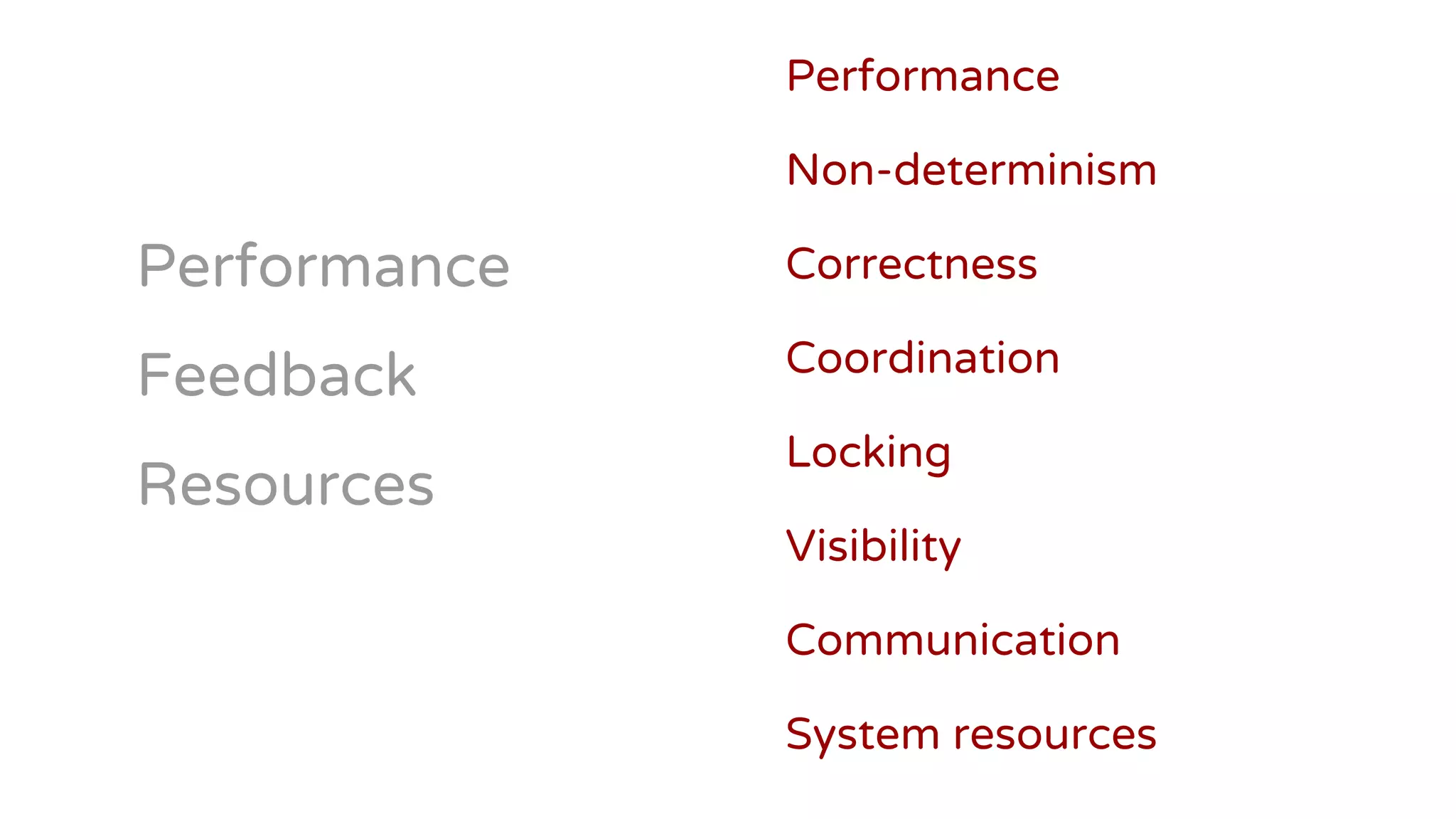 Performance
Non-determinism
Correctness
Coordination
Locking
Visibility
Communication
System resources
Performance
Feedback
Resources
 