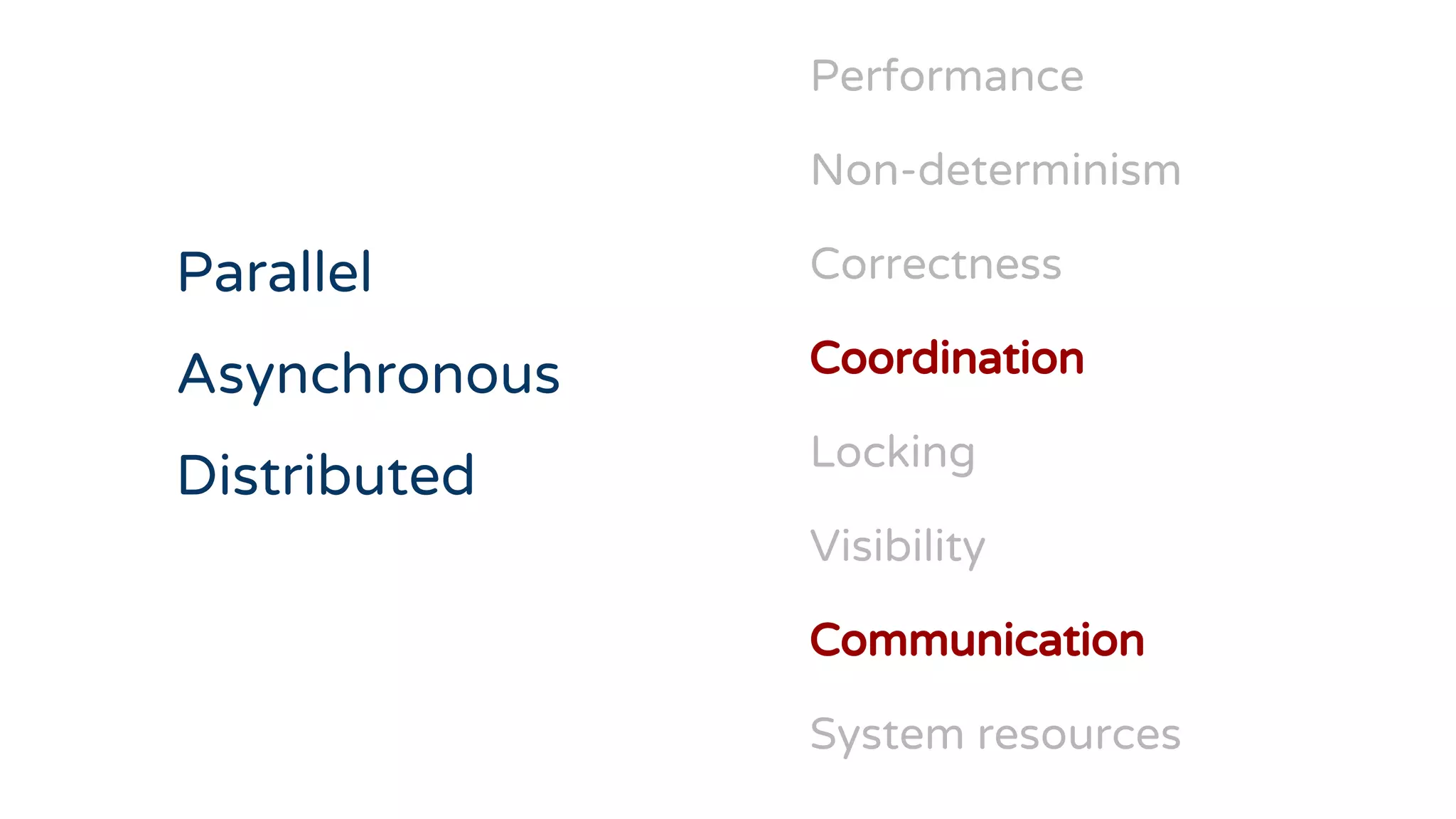 Parallel
Asynchronous
Distributed
Performance
Non-determinism
Correctness
Coordination
Locking
Visibility
Communication
System resources
 