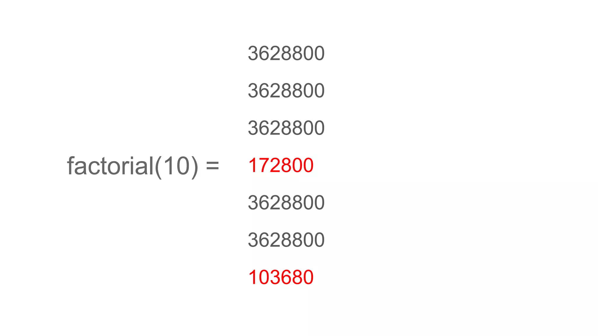 3628800
3628800
3628800
172800
3628800
3628800
103680
factorial(10) =
 
