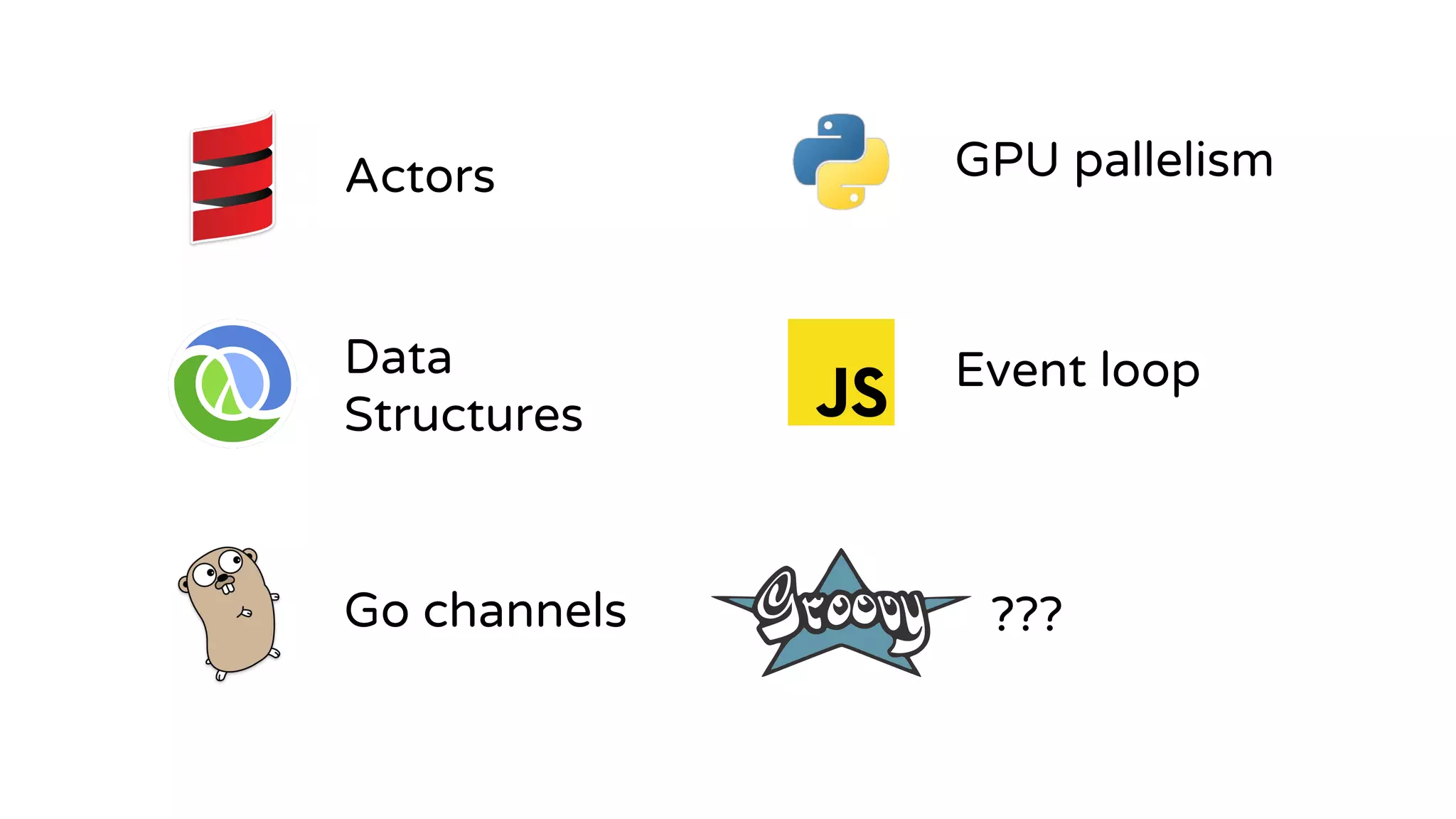 Actors
Data
Structures
Go channels
GPU pallelism
Event loop
???
 