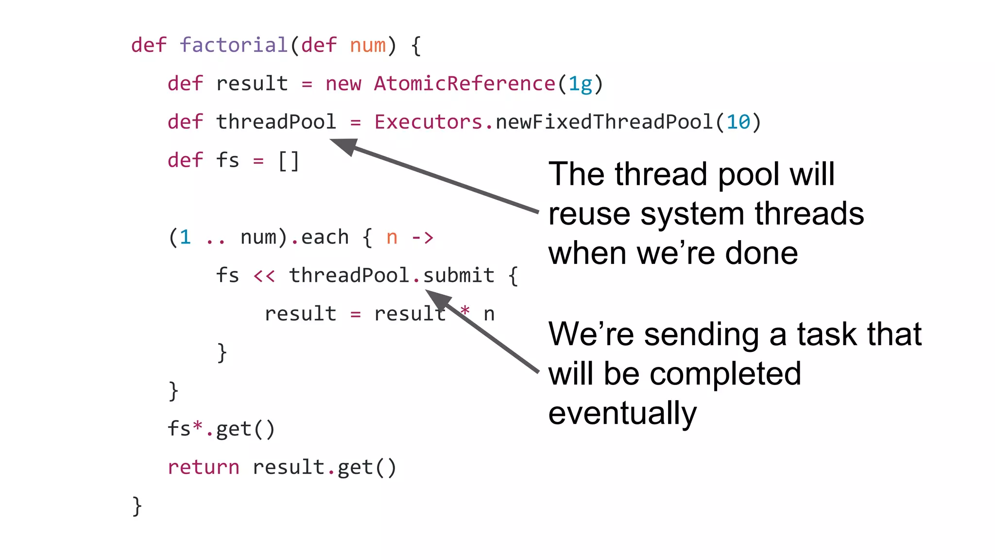 def factorial(def num) {
def result = new AtomicReference(1g)
def threadPool = Executors.newFixedThreadPool(10)
def fs = []
(1 .. num).each { n ->
fs << threadPool.submit {
result = result * n
}
}
fs*.get()
return result.get()
}
The thread pool will
reuse system threads
when we’re done
We’re sending a task that
will be completed
eventually
 