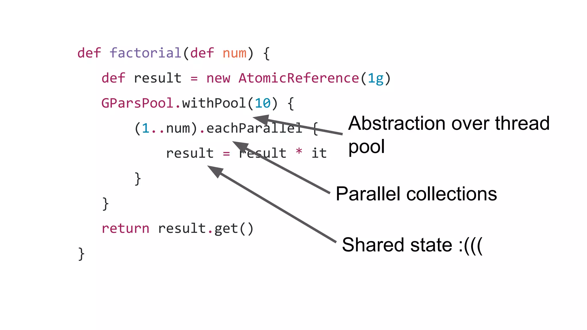 def factorial(def num) {
def result = new AtomicReference(1g)
GParsPool.withPool(10) {
(1..num).eachParallel {
result = result * it
}
}
return result.get()
}
Parallel collections
Shared state :(((
Abstraction over thread
pool
 