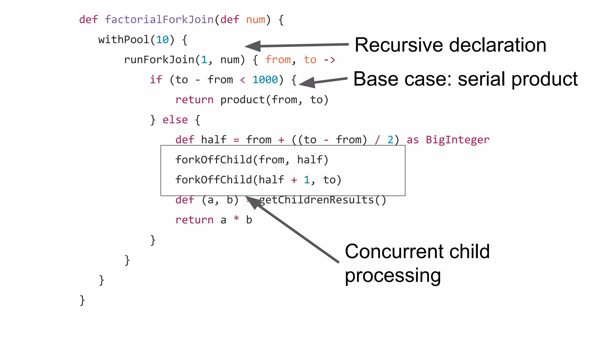 def factorialForkJoin(def num) {
withPool(10) {
runForkJoin(1, num) { from, to ->
if (to - from < 1000) {
return product(from, to)
} else {
def half = from + ((to - from) / 2) as BigInteger
forkOffChild(from, half)
forkOffChild(half + 1, to)
def (a, b) = getChildrenResults()
return a * b
}
}
}
}
Recursive declaration
Base case: serial product
Concurrent child
processing
 