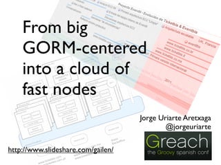 From big
    GORM-centered
    into a cloud of
    fast nodes
                                    Jorge Uriarte Aretxaga
                                            @jorgeuriarte

http://www.slideshare.com/gailen/
 