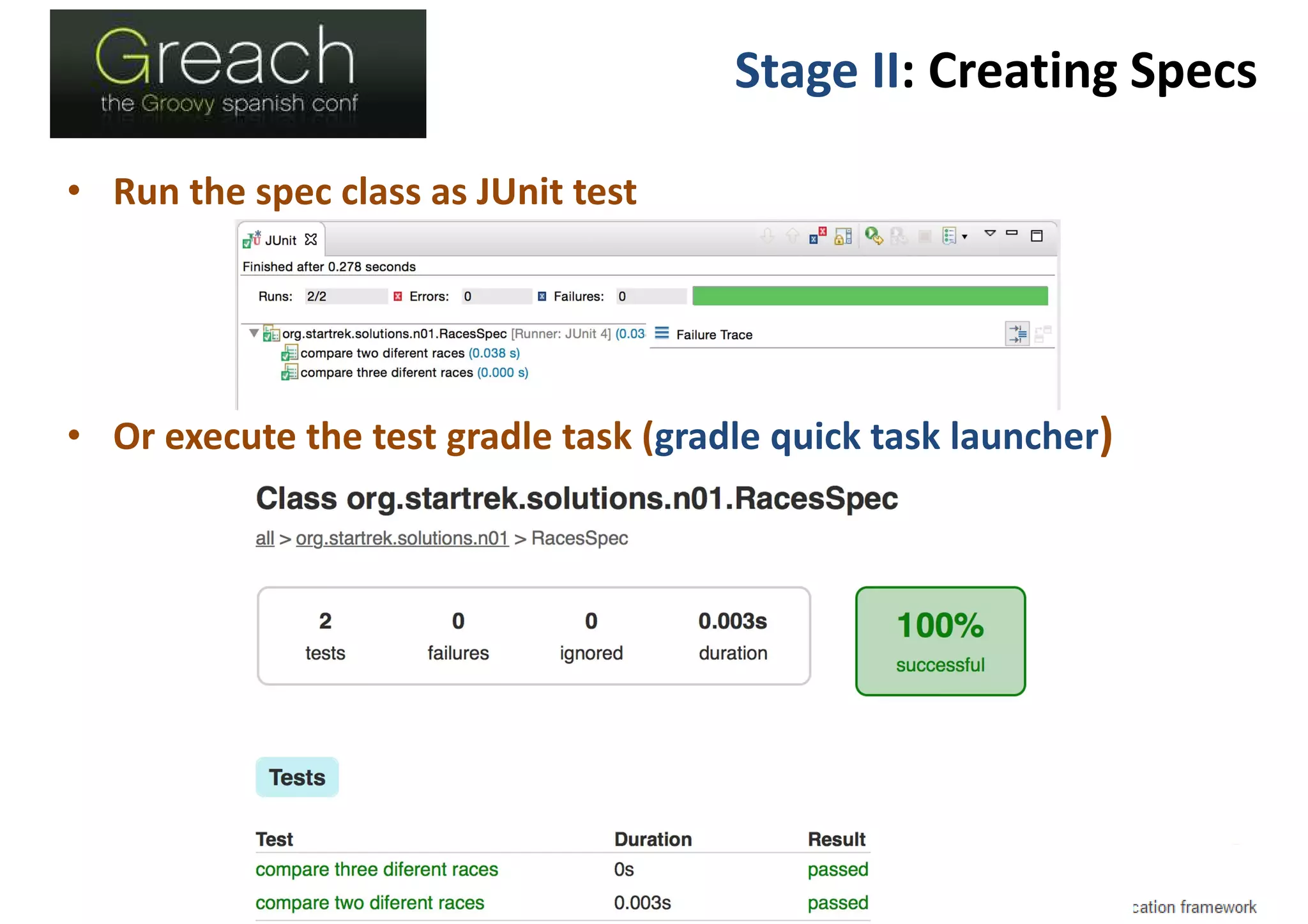 Stage II: Creating Specs
• Run the spec class as JUnit test
• Or execute the test gradle task (gradle quick task launcher)
 
