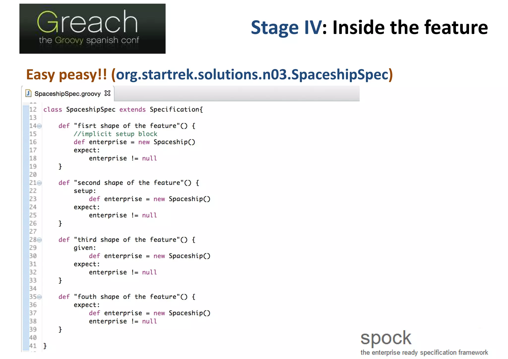 Stage IV: Inside the feature
Easy peasy!! (org.startrek.solutions.n03.SpaceshipSpec)
 