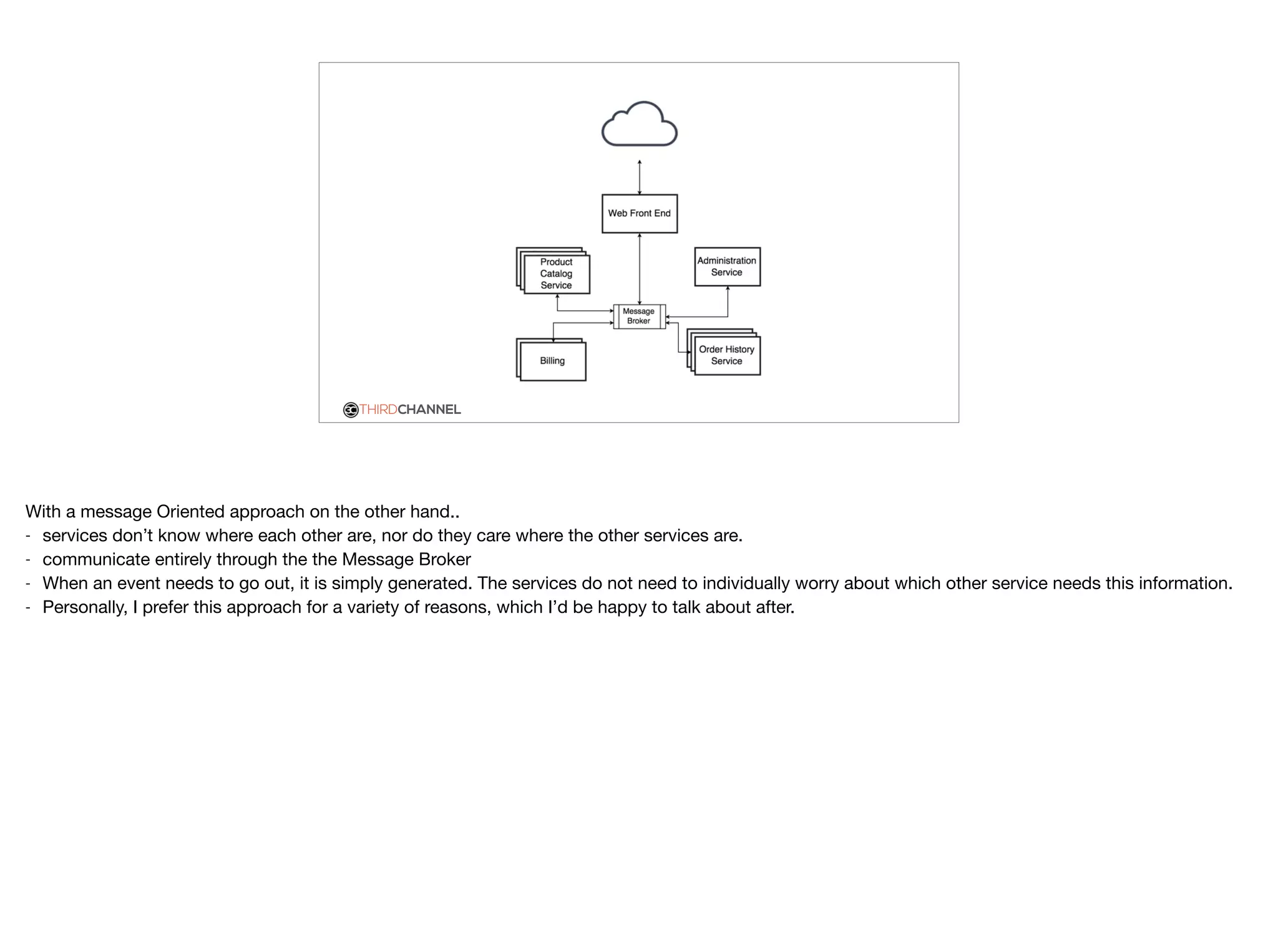 THIRDCHANNEL
With a message Oriented approach on the other hand..

- services don’t know where each other are, nor do they care where the other services are.

- communicate entirely through the the Message Broker

- When an event needs to go out, it is simply generated. The services do not need to individually worry about which other service needs this information.

- Personally, I prefer this approach for a variety of reasons, which I’d be happy to talk about after.
 