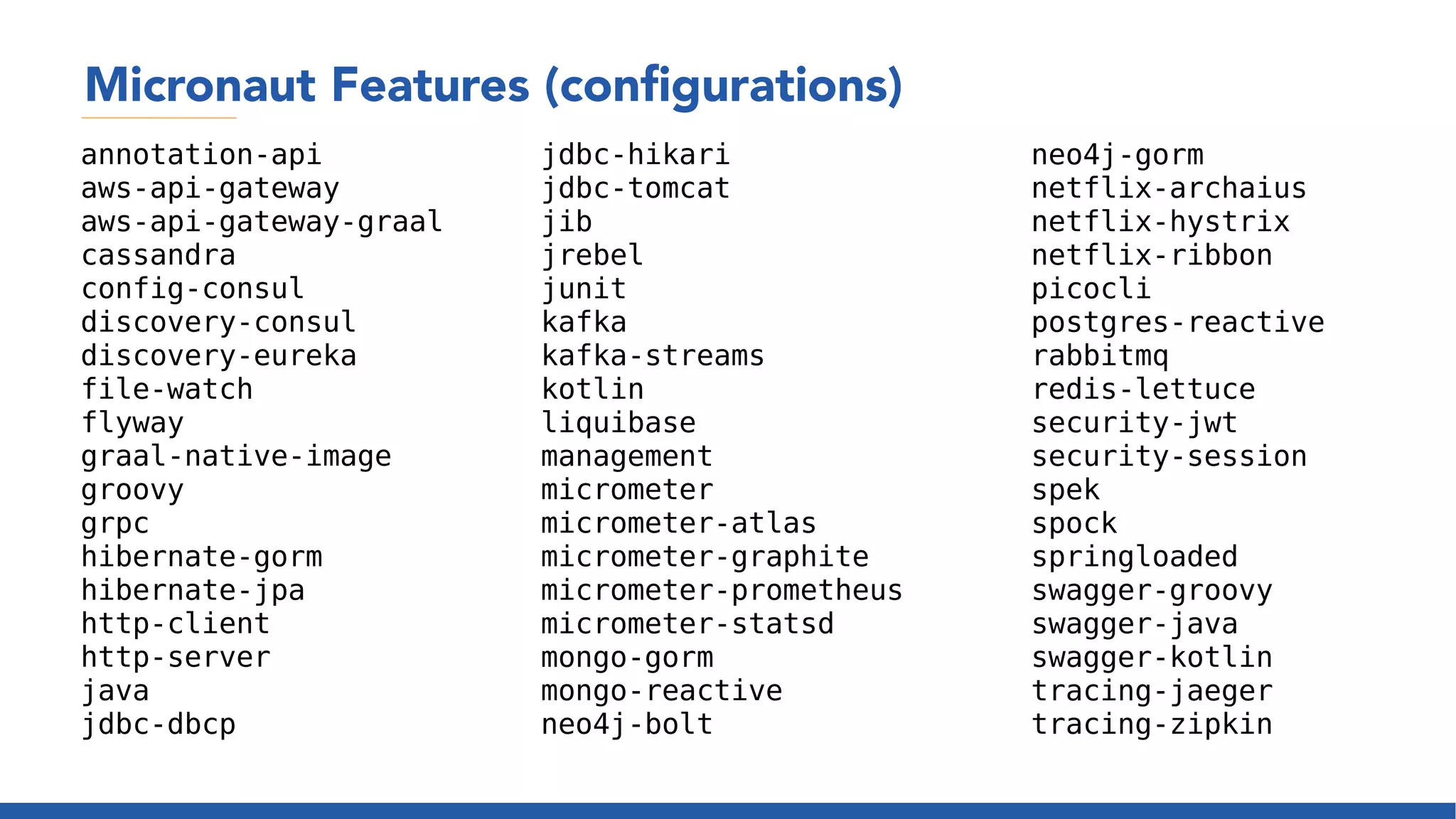 Micronaut Features (configurations)
annotation-api
aws-api-gateway
aws-api-gateway-graal
cassandra
config-consul
discovery-consul
discovery-eureka
file-watch
flyway
graal-native-image
groovy
grpc
hibernate-gorm
hibernate-jpa
http-client
http-server
java
jdbc-dbcp
jdbc-hikari
jdbc-tomcat
jib
jrebel
junit
kafka
kafka-streams
kotlin
liquibase
management
micrometer
micrometer-atlas
micrometer-graphite
micrometer-prometheus
micrometer-statsd
mongo-gorm
mongo-reactive
neo4j-bolt
neo4j-gorm
netflix-archaius
netflix-hystrix
netflix-ribbon
picocli
postgres-reactive
rabbitmq
redis-lettuce
security-jwt
security-session
spek
spock
springloaded
swagger-groovy
swagger-java
swagger-kotlin
tracing-jaeger
tracing-zipkin
 