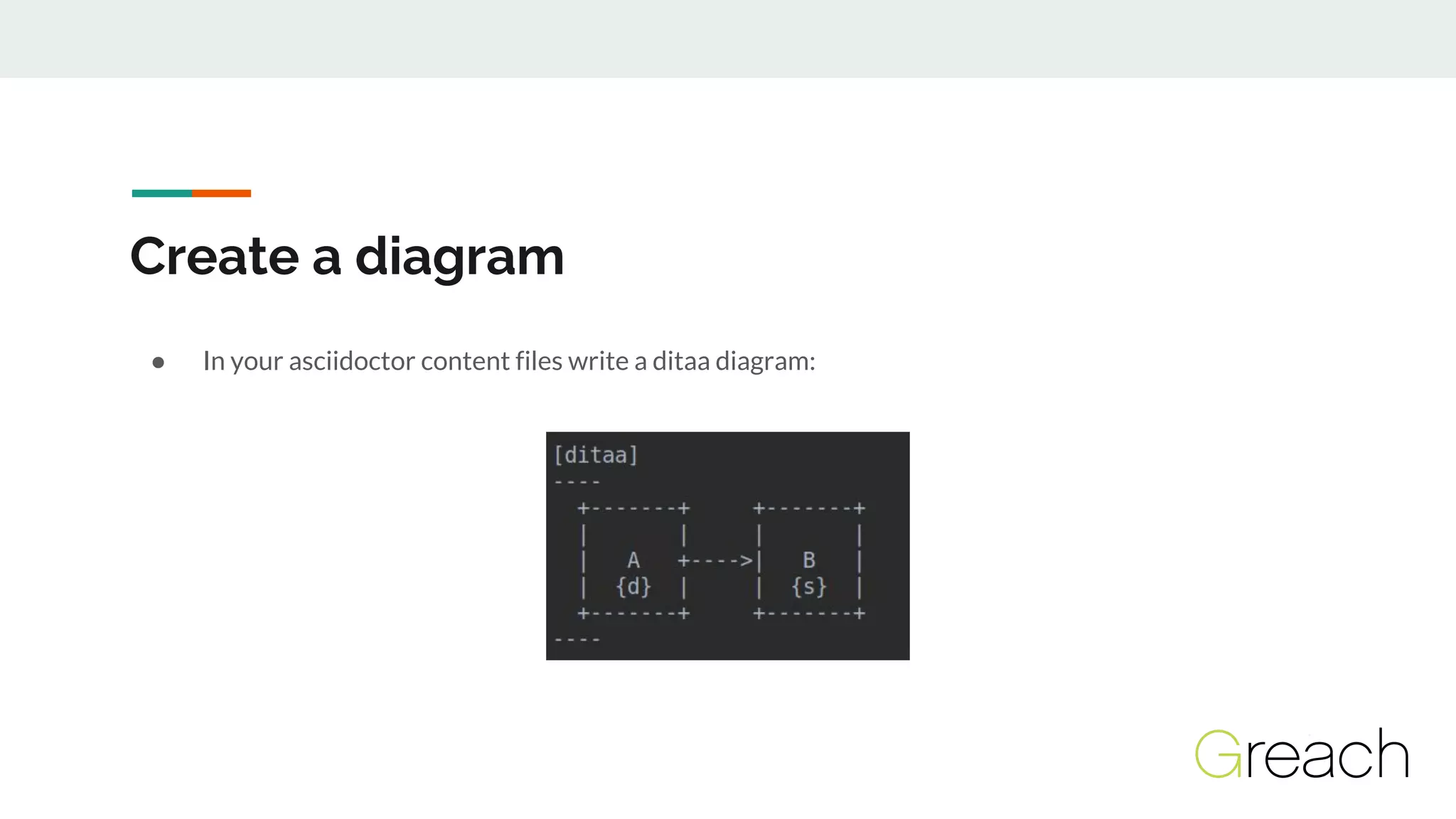 Create a diagram
● In your asciidoctor content files write a ditaa diagram:
 