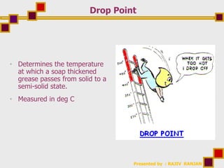 Presented by : RAJIV RANJAN
Drop Point
• Determines the temperature
at which a soap thickened
grease passes from solid to a
semi-solid state.
• Measured in deg C
 