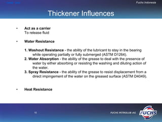 HOME END                                                                          Fuchs Indonesia



                         Thickener Influences
     •     Act as a carrier
           To release fluid

     •     Water Resistance

           1. Washout Resistance - the ability of the lubricant to stay in the bearing
                while operating partially or fully submerged (ASTM D1264).
           2. Water Absorption - the ability of the grease to deal with the presence of
                water by either absorbing or resisting the washing and diluting action of
                the water.
           3. Spray Resistance - the ability of the grease to resist displacement from a
                direct impingement of the water on the greased surface (ASTM D4049).


     •     Heat Resistance




                 10
 